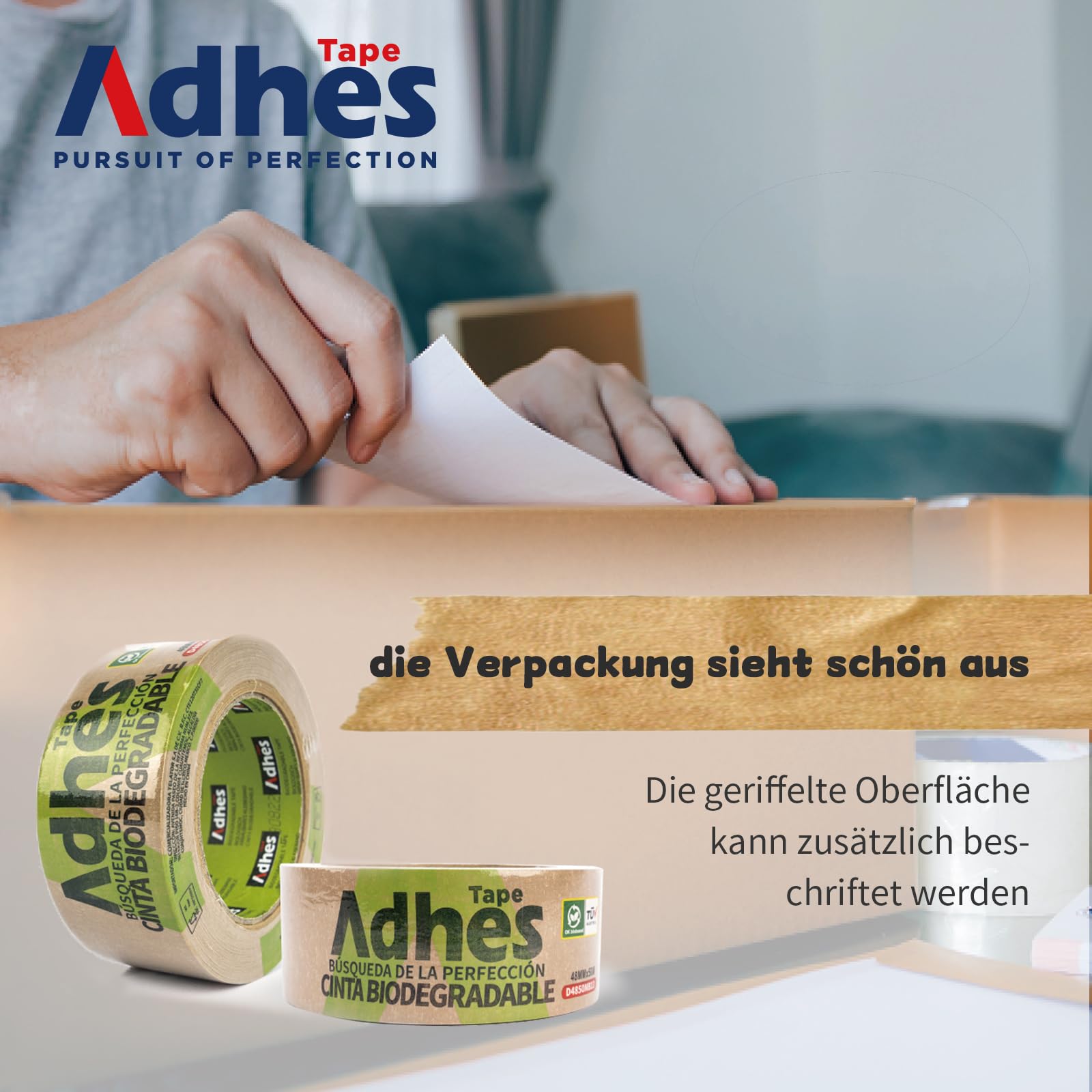 Eco-Friendly Biodegradable Kraft Paper Packing Tape - 4 Rolls, 50m x 50mm Each, 80% Biobased Material, Recyclable & Sustainable - Perfect for Shipping Boxes, Moving Supplies & Package Sealing