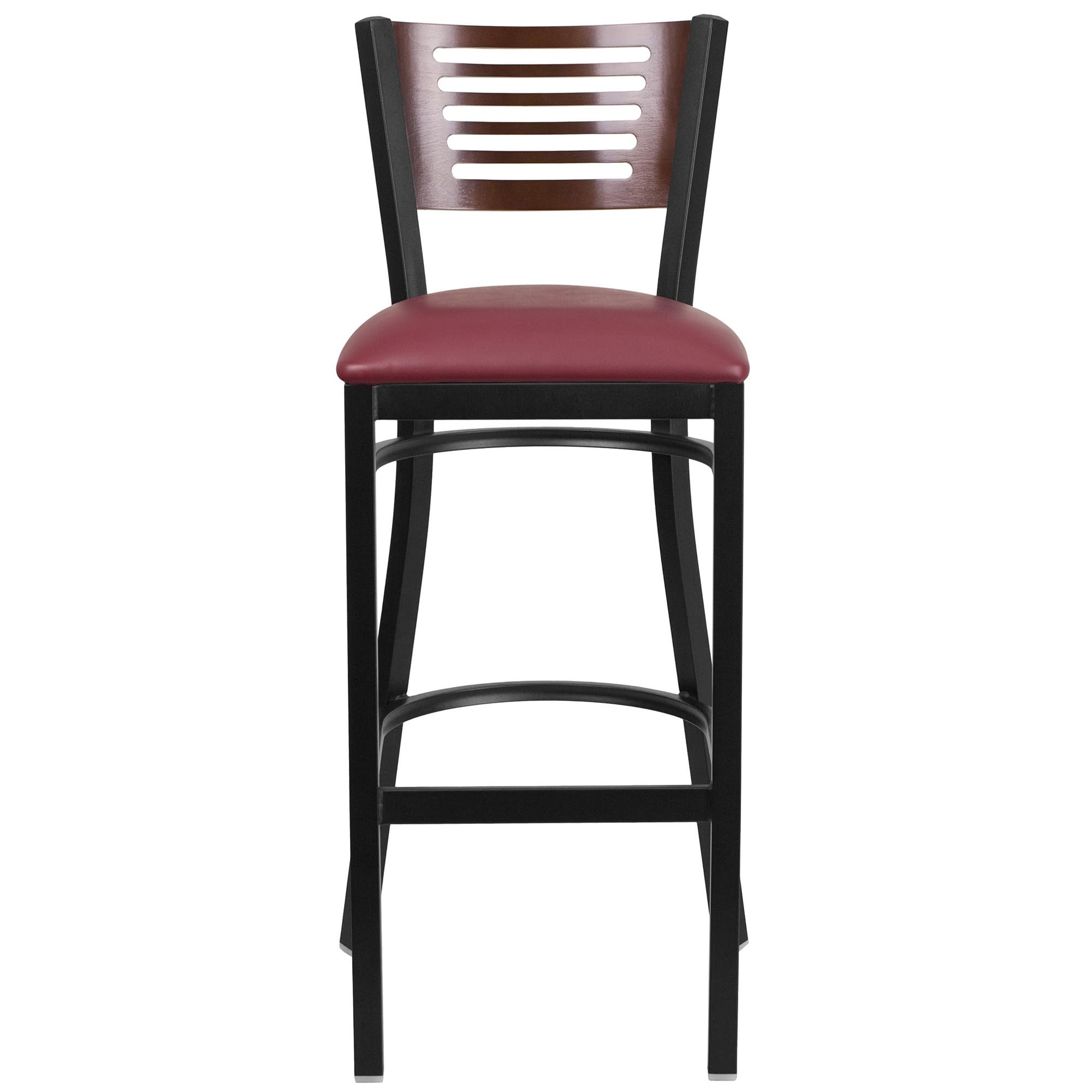 Flash Furniture HERCULES Series Black Slat Back Metal Bar Stool - Walnut Wood Back, Burgundy Vinyl Seat for Restaurant, Kitchen Island & Home Bar Use