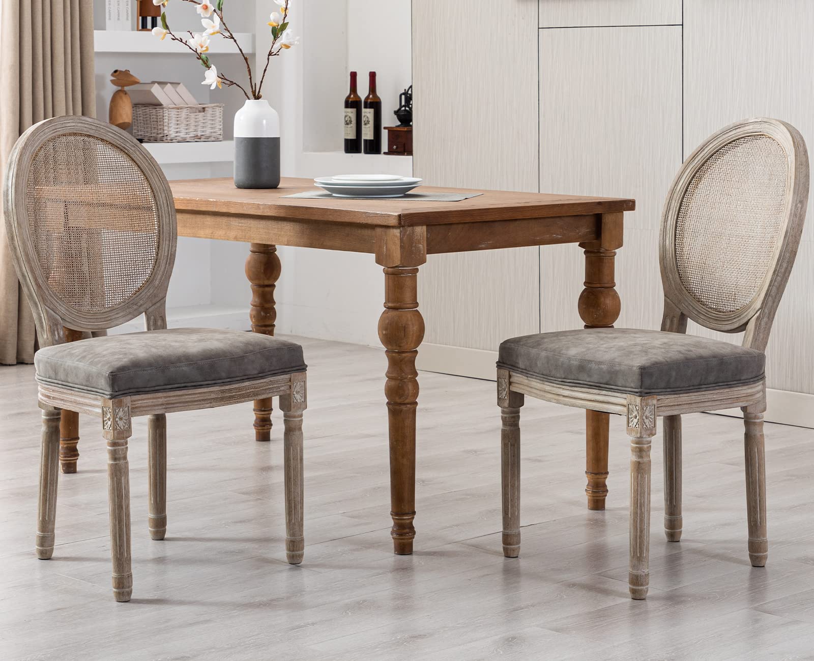 Premium PU Leather Dining Chairs with Rattan Round Back - Set of 2 Grey French Countryside Chairs for Kitchen, Living Room & Farmhouse Decor | Comfortable Seating for Family Meals & Entertaining Guests