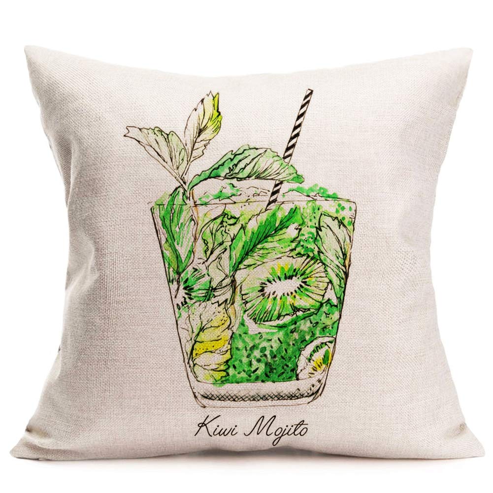 Fukeen Summer Throw Pillow Cases Set of 4 - 18x18 Inch Tiki Bar & Cocktail Themed Decorative Cushion Covers (Blue Hawaiian, Kiwi Mojito) - Cotton Linen Square Pillowcases for Couch, Sofa & Home Decor - Perfect for Beach House, Tropical Party & Vacation Vibes