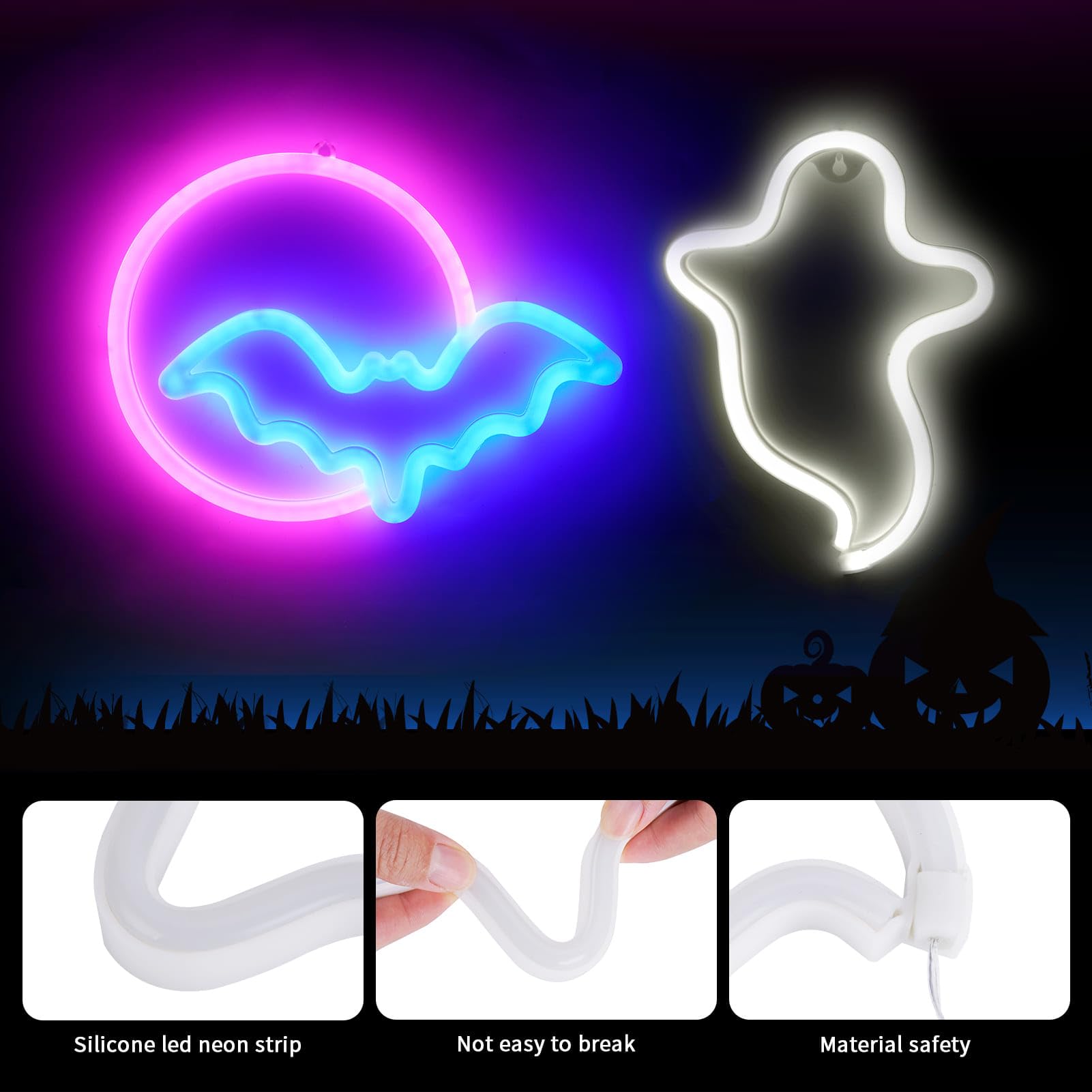 BRIGHTDECK 2 Pack Halloween Neon Signs - White Ghost & Blue Bat Full Moon LED Decor | USB/Battery Powered Wall Art for Halloween Party, Bedroom, Living Room, Bar | Spooky Home Decor & Kids Gift for Trick-or-Treating