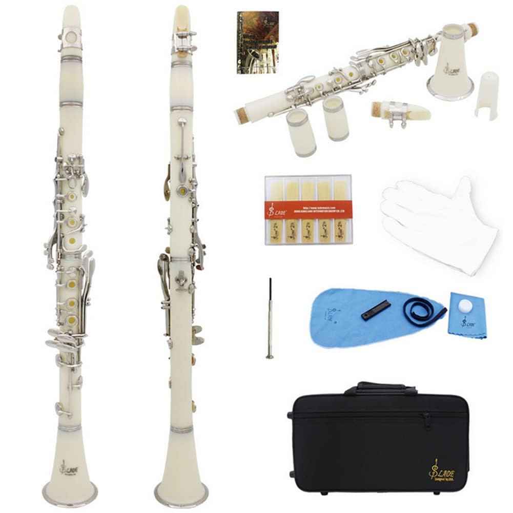Professional Bb Clarinet 17 Keys with Reed, Hard Case, Gloves & Cleaning Cloth - Ebonite Beginner Clarinet for Students & Adults (White) | Perfect for School Bands, Music Lessons & Home Practice