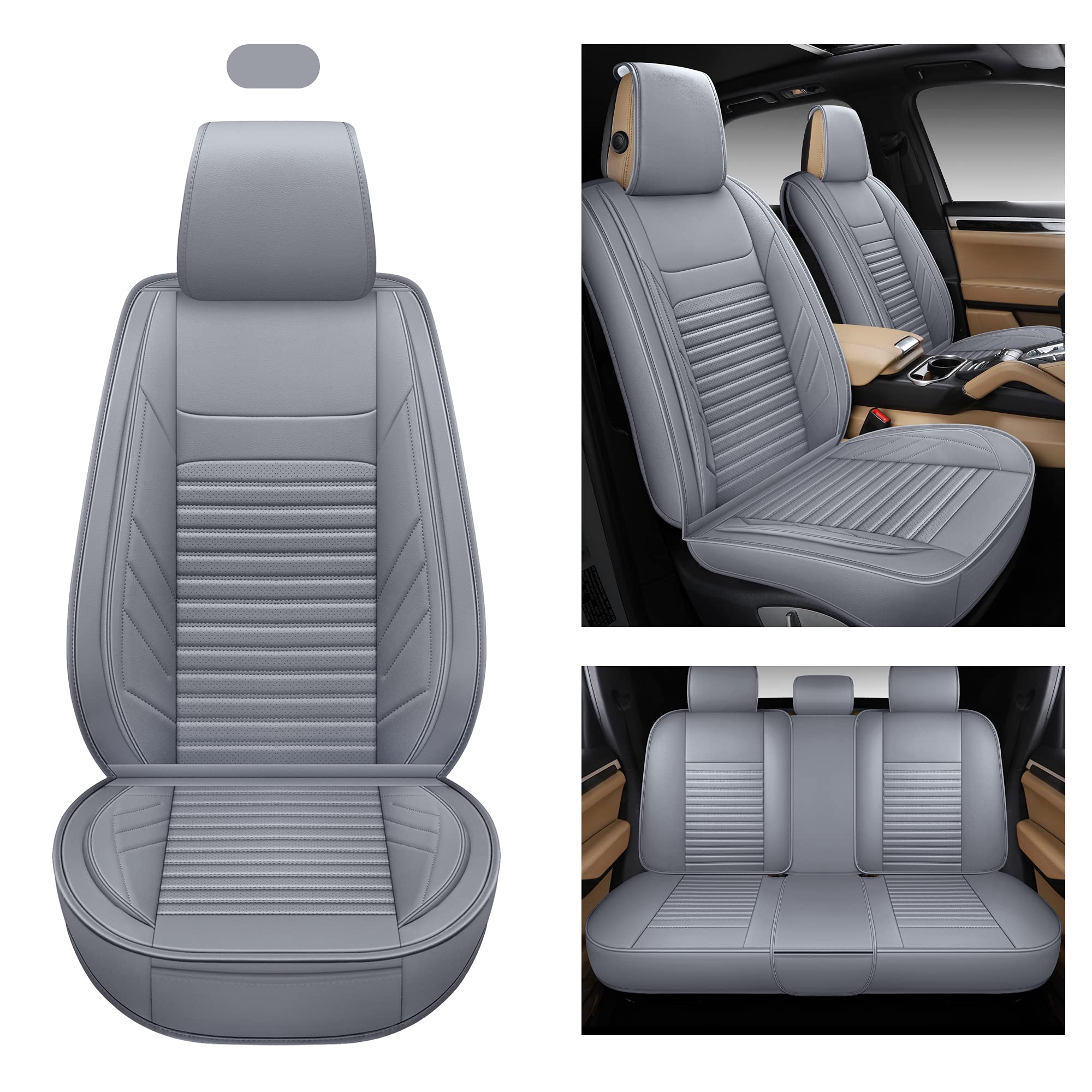 Premium AOOG Leather Car Seat Covers - Universal Fit Leatherette Auto Seat Protectors for Cars, SUVs & Trucks | Non-Slip Vehicle Interior Accessories (Full Set, Gray) | Perfect for Daily Commute, Road Trips & Family Protection