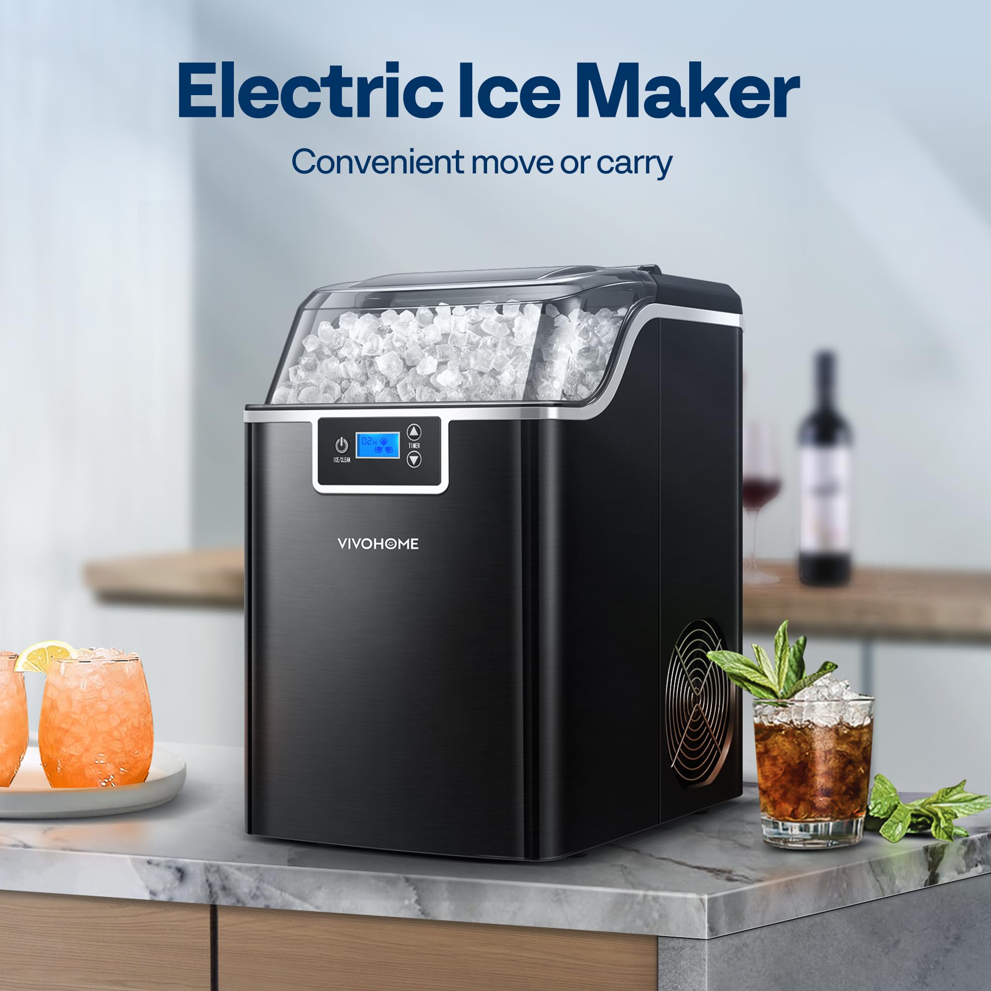 VIVOHOME Countertop Nugget Ice Maker Machine - 44lbs/Day Portable Pebble Ice Maker with Self-Cleaning, Soft Chewable Pellet Ice, Includes Scoop & 10 Ice Bags - Perfect for Home Kitchen, Office, RV, Camping, Parties & Outdoor Adventures