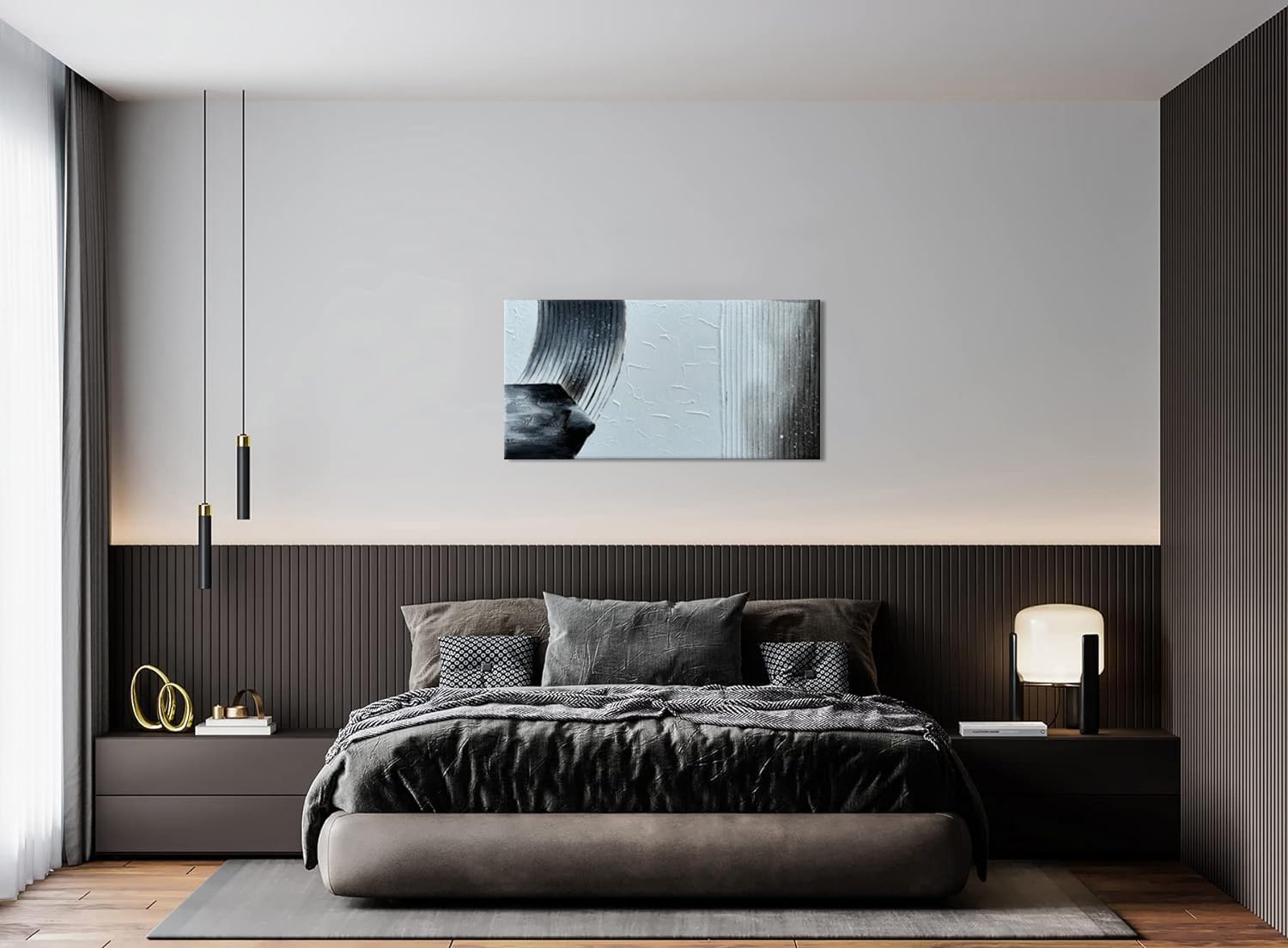 Handmade Black and White Abstract Canvas Wall Art - 48x24 Inches Large Textured Painting, Minimalist Contemporary Wall Sculpture for Living Room, Bedroom & Office Decor