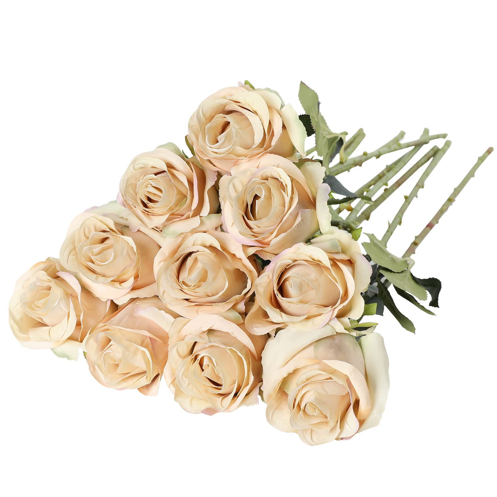 Lifelike Artificial Silk Rose Flower Single Stem - Vintage Champagne Fake Roses (10pcs) for Wedding Bouquets, Floral Arrangements, Home Decor, Party Centerpieces - Perfect for Romantic Weddings, Table Settings & DIY Crafts