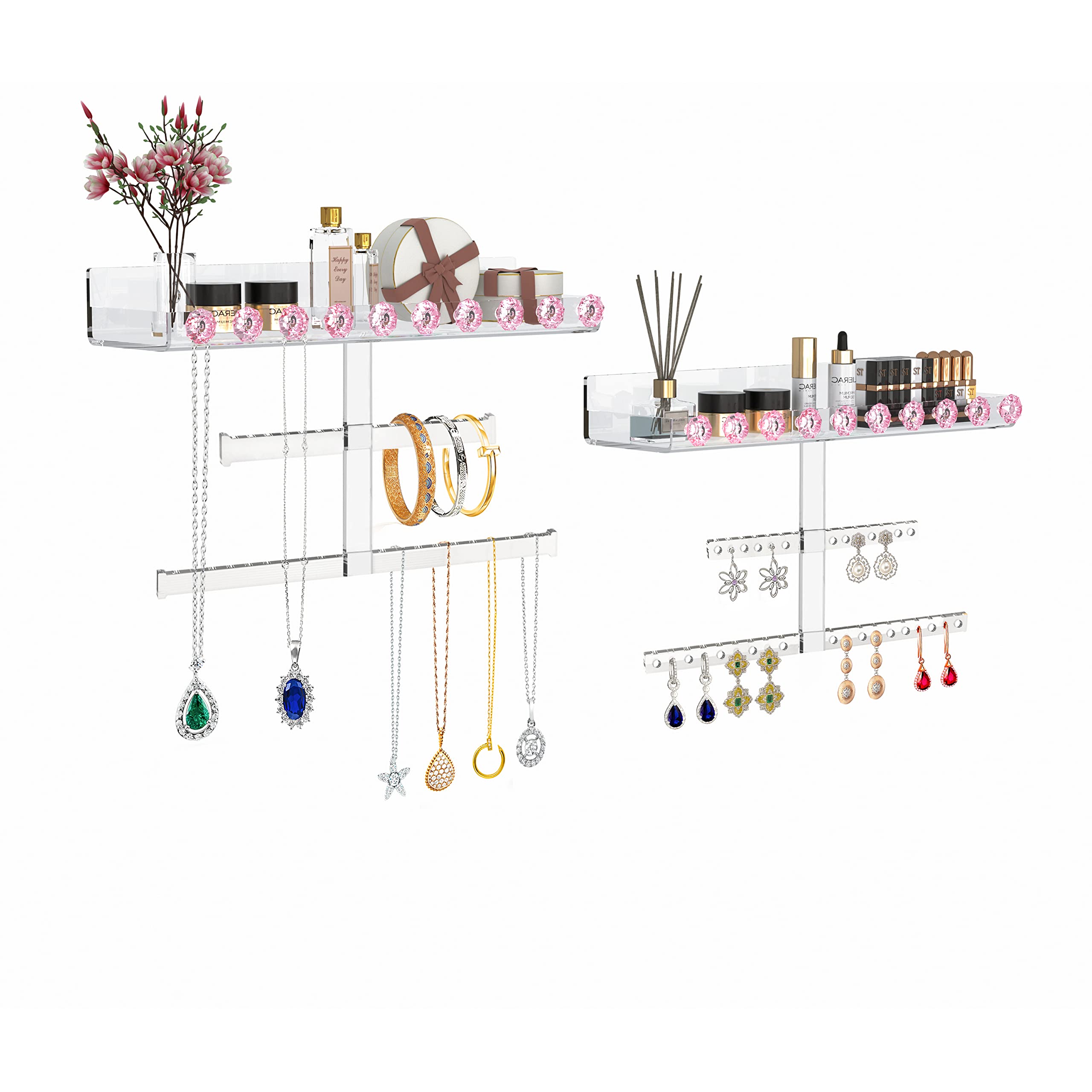 2-Pack Acrylic Wall Mounted Jewelry Organizer - Hanging Display Holder for Necklaces, Earrings, Bracelets, Rings & Watches | Perfect for Bedroom, Closet & Bathroom Organization