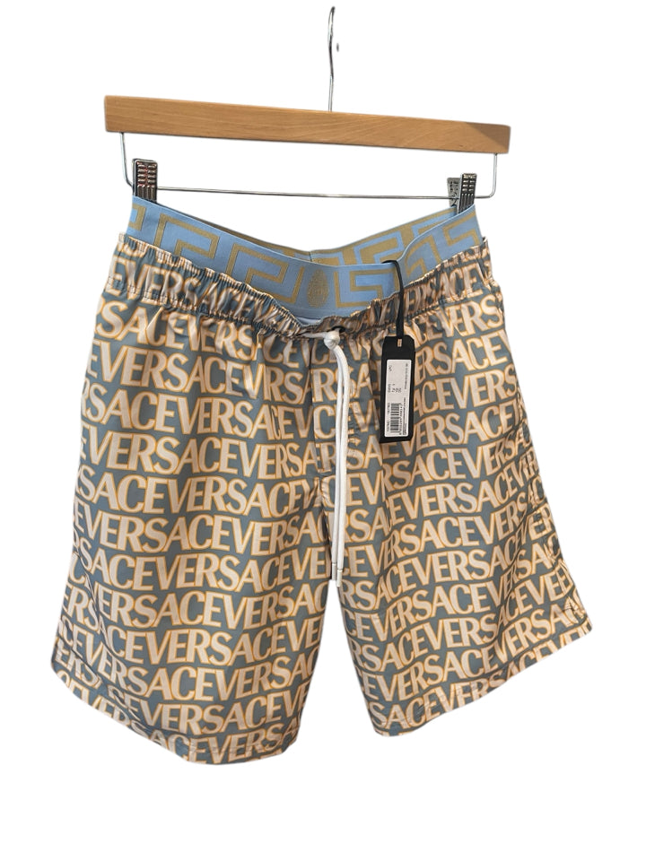 Versace Men's Swim Bottoms - All Over Logo Print - Size US S (3) - Perfect for Beach, Pool, and Vacation Wear