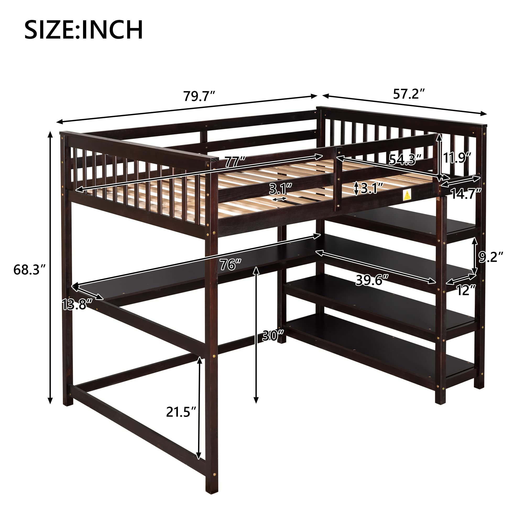 Bellemave Full Size Loft Bed with Desk & Storage Shelves - Solid Wood Loft Bed Frame for Teens & Adults - Space-Saving Bedroom Furniture for Small Rooms, Dorms & Apartments (Espresso)