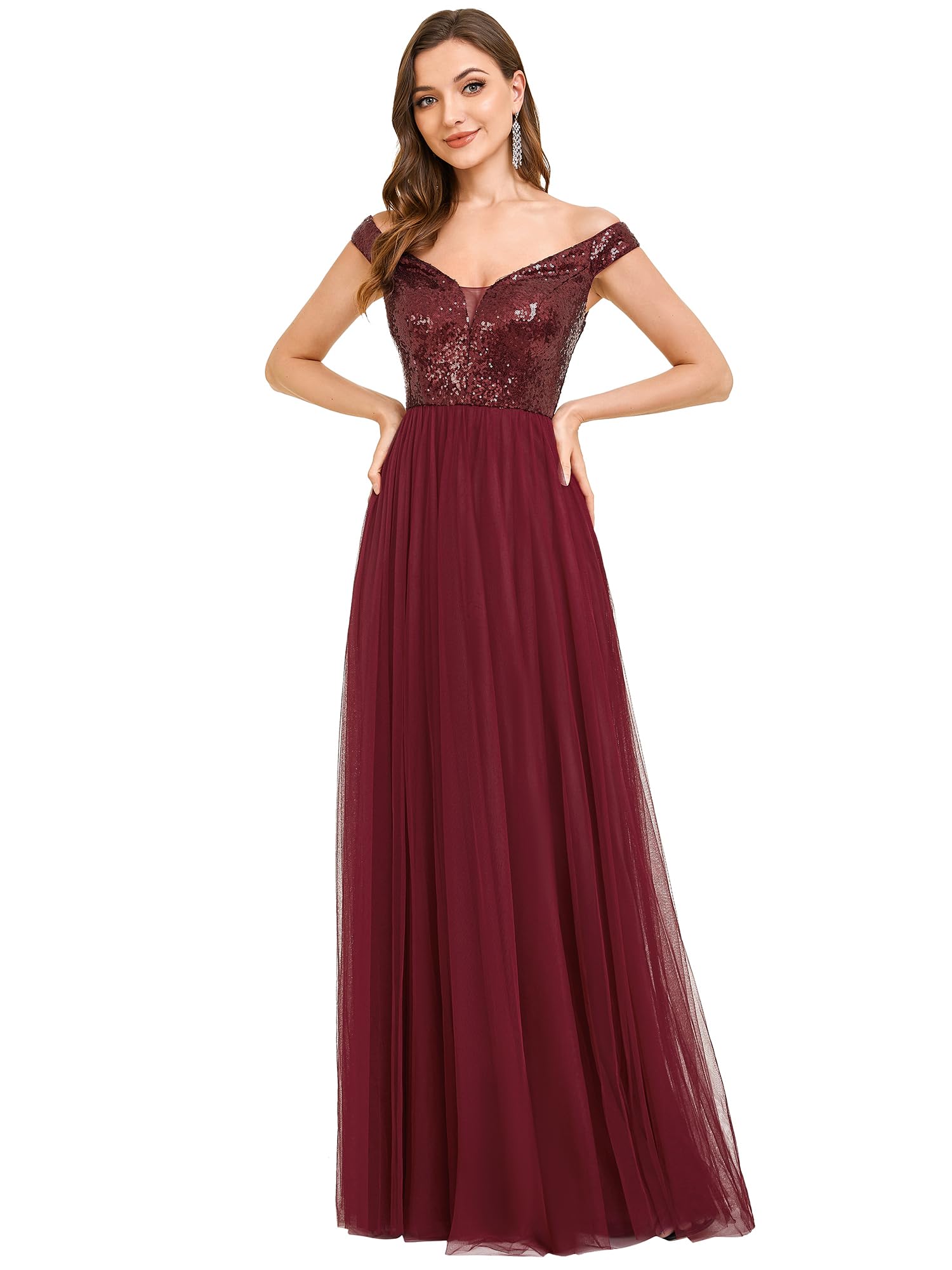 Ever-Pretty Women's V-Neck Sequin Tulle A-Line Evening Gown for Prom, Wedding Guest & Formal Events - Style 0277