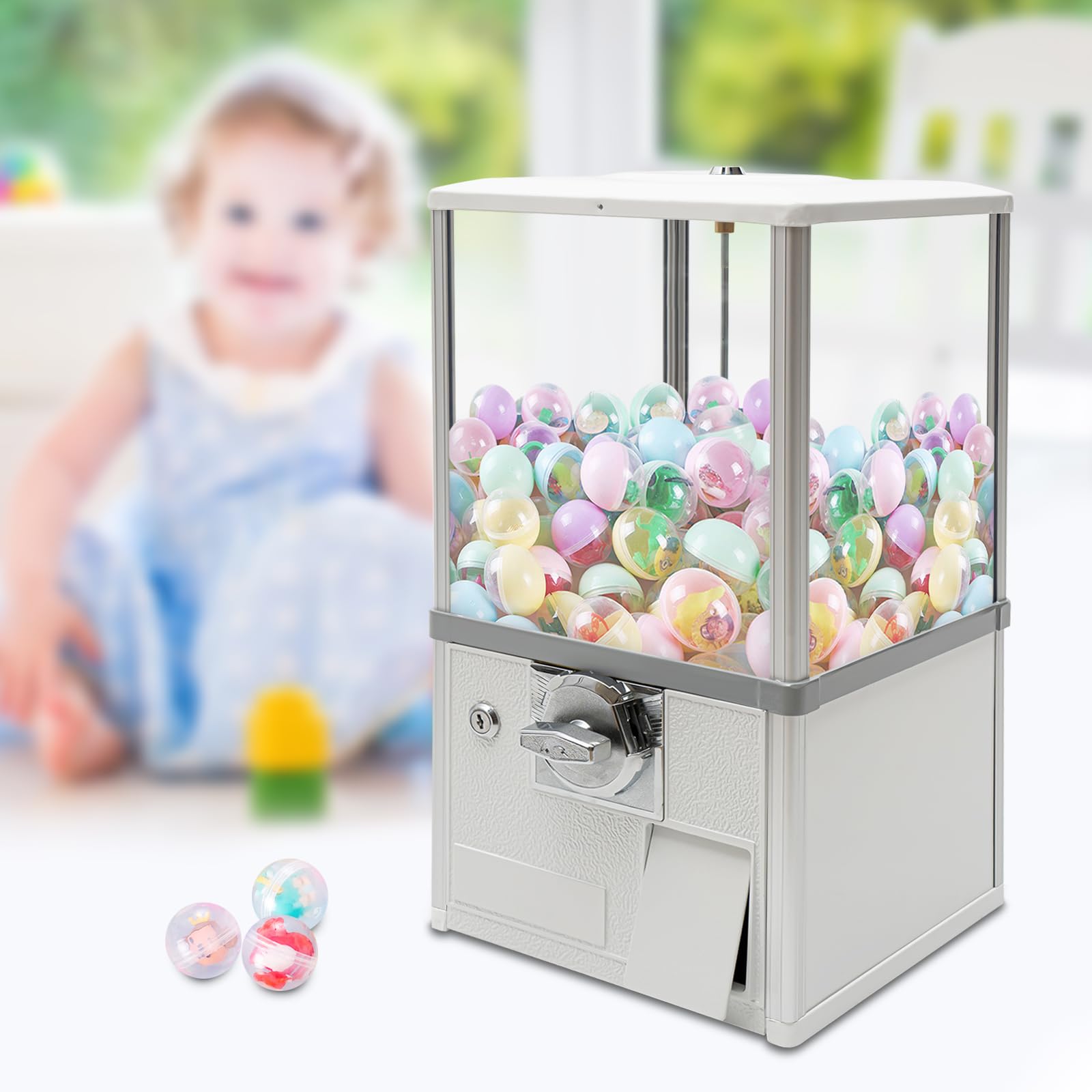 Commercial Gumball Machine for Business - 1.77-1.97 Inch Ball Diameter, 800 Coin Capacity, 4 Quarter Coin Mechanism - Perfect for Vending Capsule Toys, Candies, Gumballs in Stores & Arcades (White)