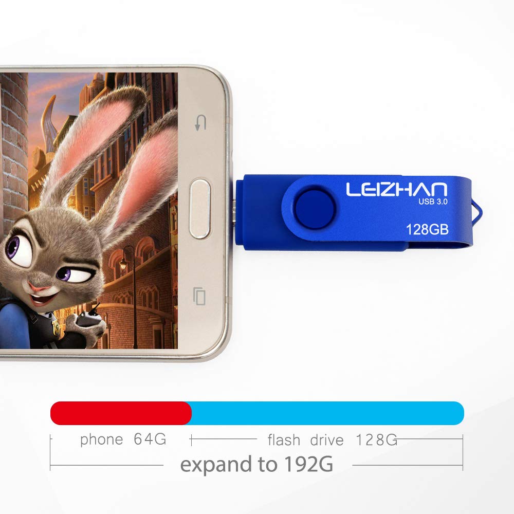 LEIZHAN 128GB USB 3.0 Flash Drive OTG Dual Port for Android/PC - Blue