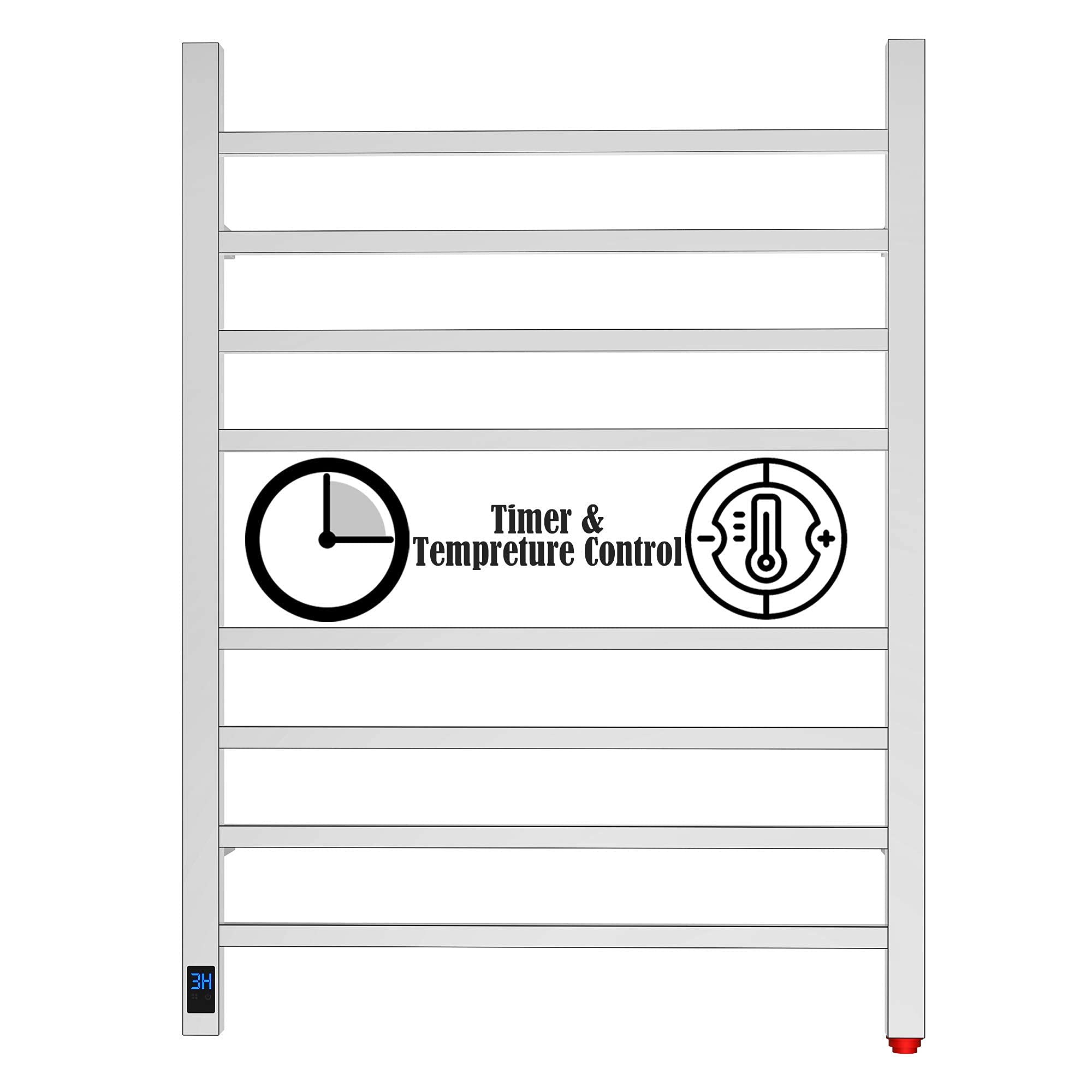 HEATGENE Electric Towel Warmer with Timer & Temperature Control - 8 Square Bar Wall-Mounted Towel Rack for Bathroom (Plug-in/Hardwired) - Mirror Polish Finish - Perfect for Spa, Luxury Hotels & Home Use