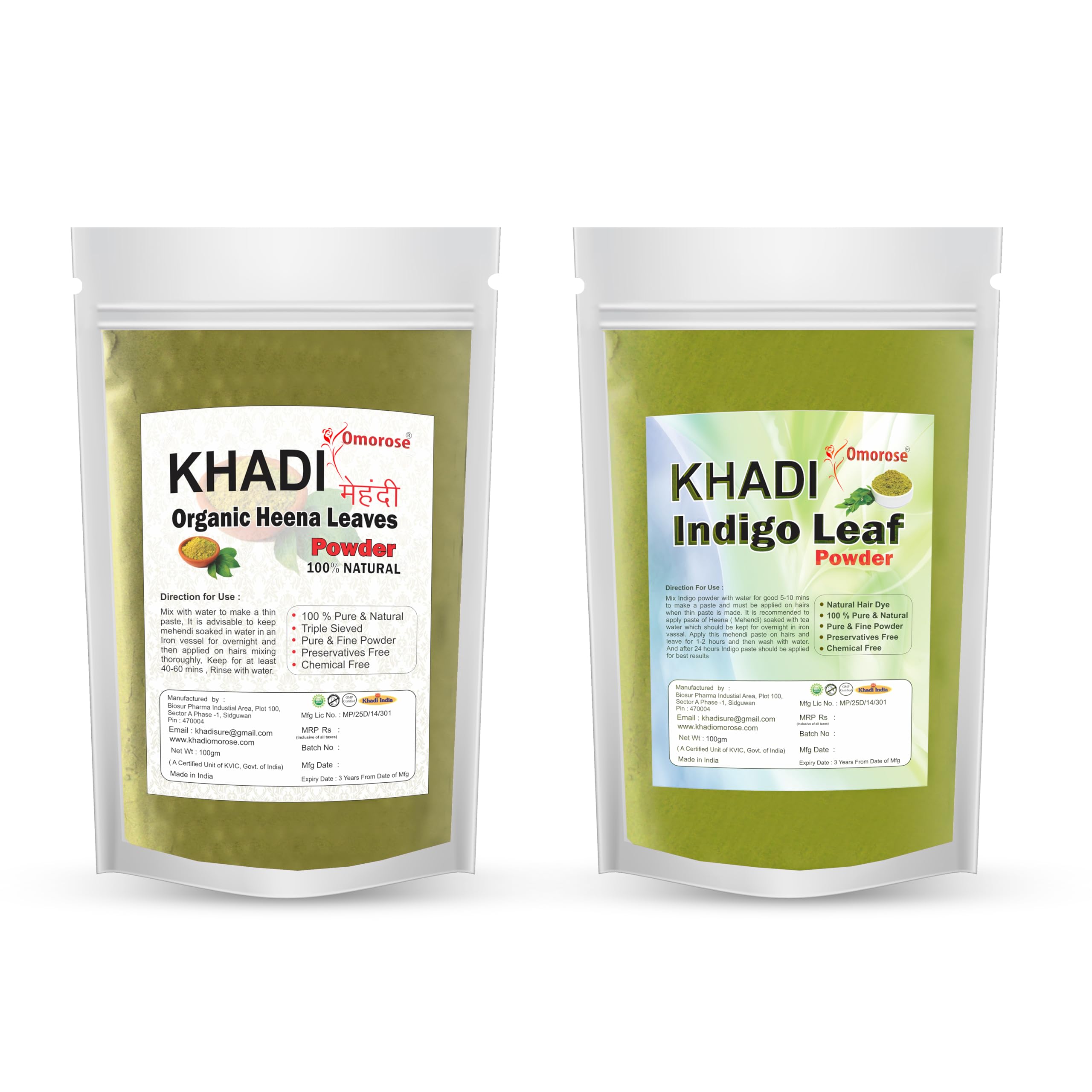 Khadi Omorose Indigo Powder & Henna Powder for Natural Hair Dye (100g Each, Total 200g) | Pure, Chemical-Free Herbal Hair Color | Safe for Gray Coverage & Hair Conditioning | Perfect for DIY Hair Coloring at Home