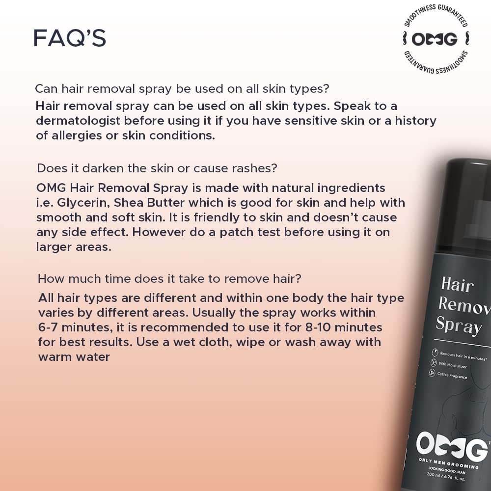 OMG Painless Hair Removal Spray for Men - Quick & Effective Body Hair Removal for Chest, Back, Hands, Legs & Intimate Areas | Enriched with Coffee Fragrance, Shea Butter & Glycerin | Works in Under 10 Minutes | 200ml | Perfect for Smooth Skin Before Beach, Gym or Date Night