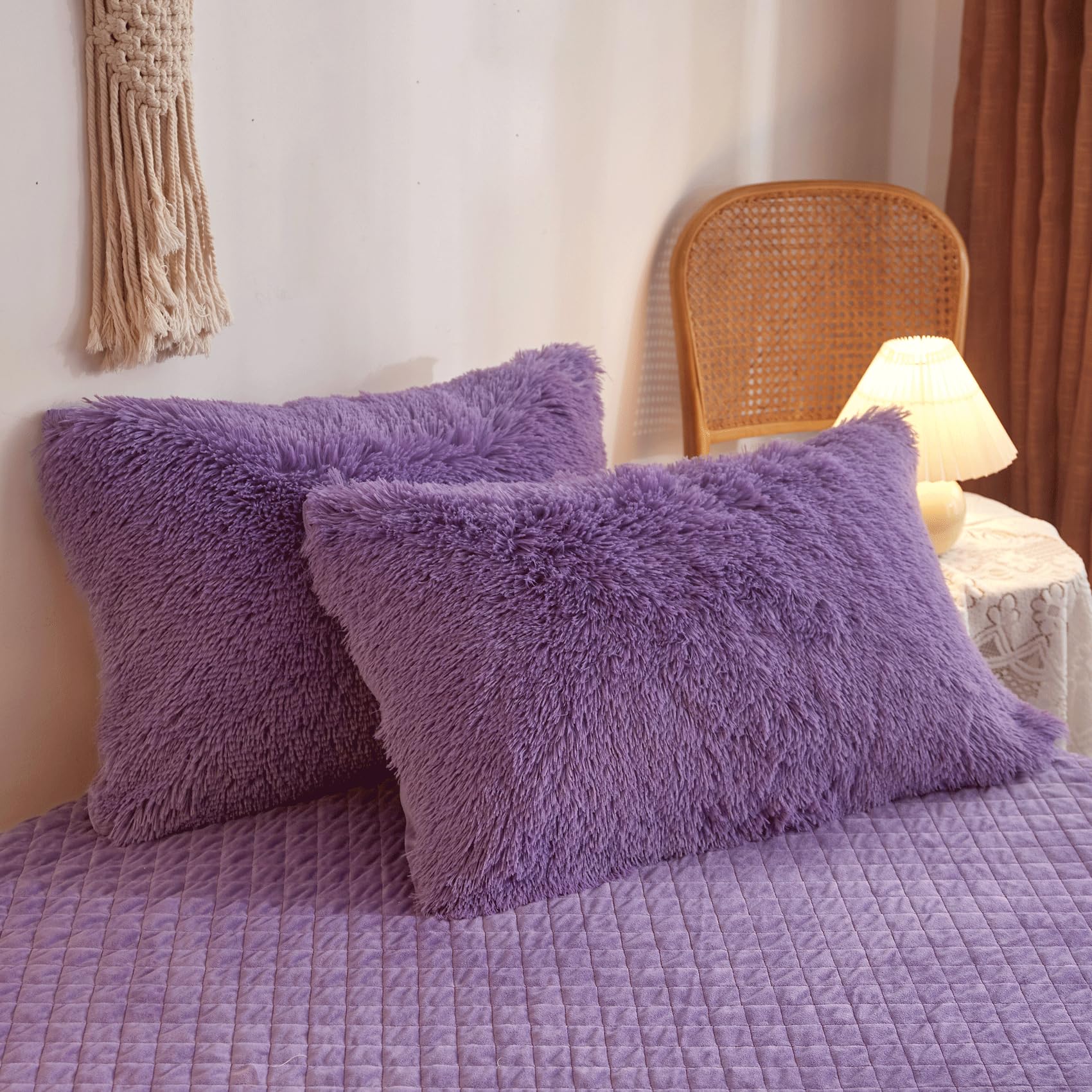 Soft Fluffy Purple Comforter Cover Set Queen Size - 3 Piece Plush Bedding Set (1 Faux Fur Duvet Cover + 2 Shaggy Pillowcases) - Cozy Winter Bedroom Decor for Girls & Women