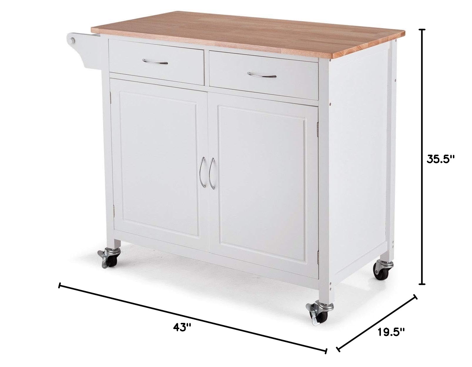 Modern White Kitchen Island Cart with Double Drawers, 2-Tier Shelf & Cabinet Door - Pine Wood Top Rolling Serving Cart for Food Prep, Storage & Towel Organization - Perfect for Small Kitchens, Dining Rooms & Buffet Serving