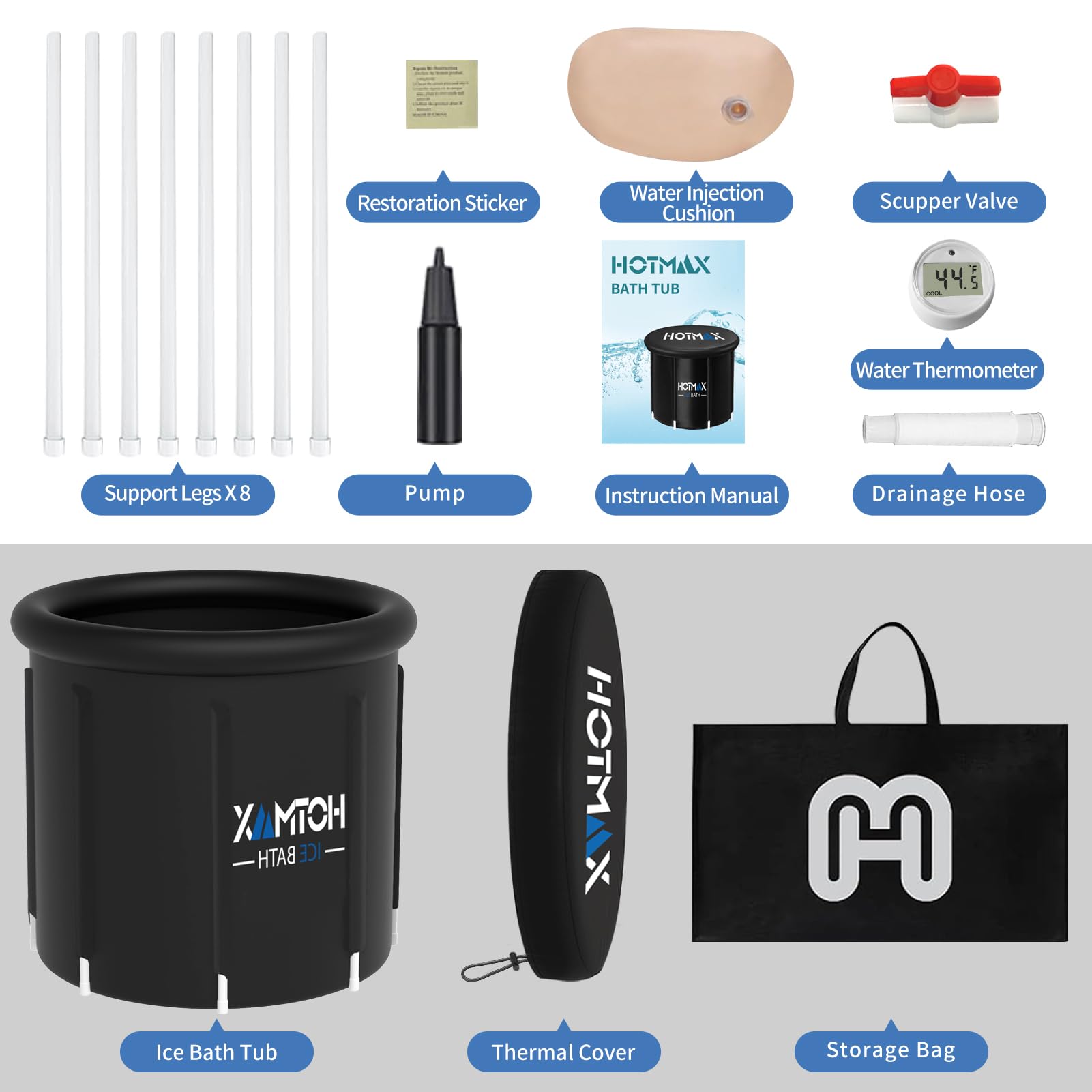 Ice Bath Tub with Water Thermometer - 8-Leg Recovery Cold Plunge Tub, 5-Layer Insulated Cold Water Therapy for Athletes - Portable Ice Bath for Muscle Recovery, Post-Workout & Sports Injury Relief (Home Gym & Outdoor Use)