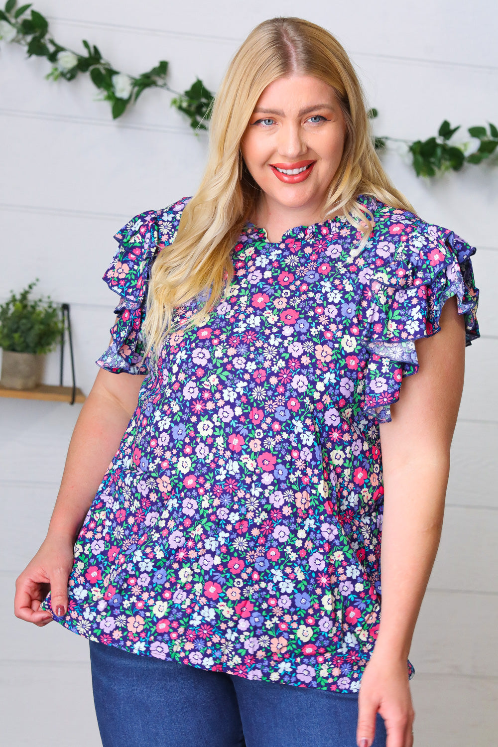 Navy Floral Print Mock Neck Flutter Sleeve Blouse for Women | Elegant Summer Tops for Office, Date Night & Casual Outings