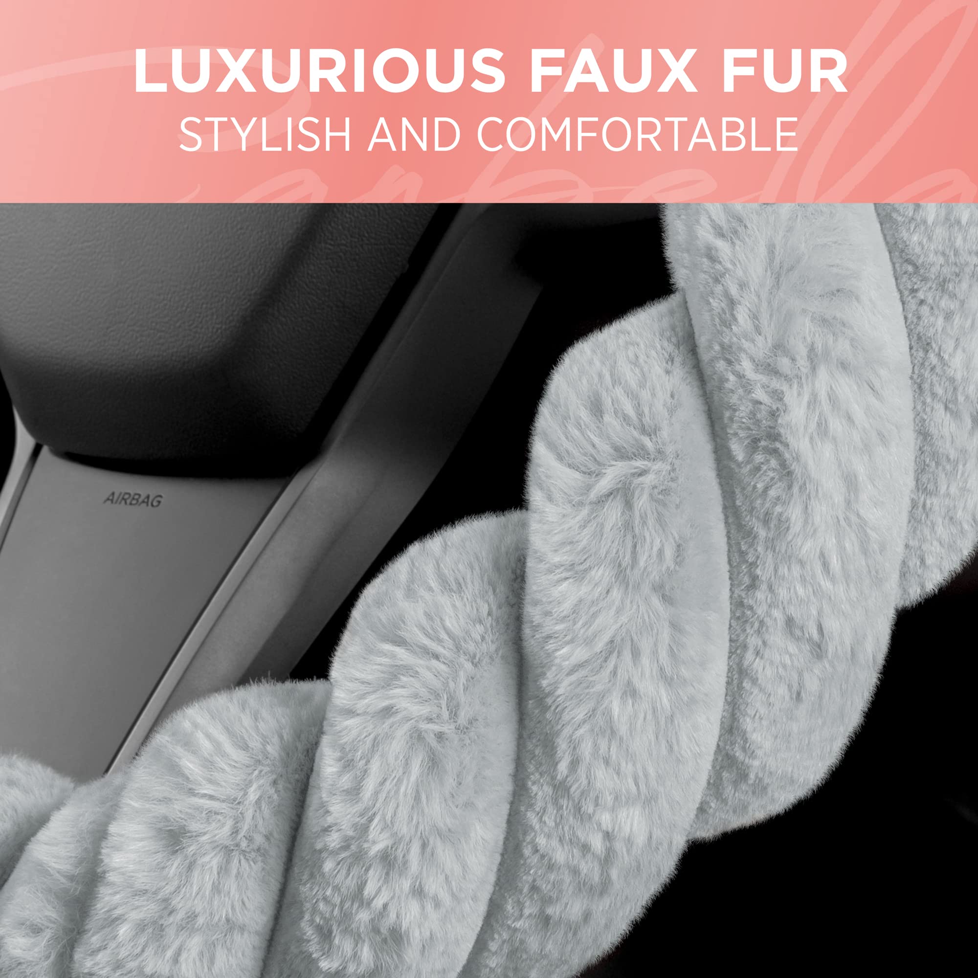 Soft Faux Fur Steering Wheel Cover - 15 Inch, Gray, for Women - Cozy Driving in Winter