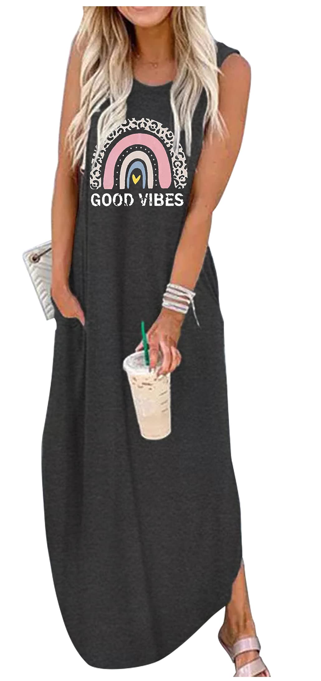 Women's Sleeveless Rainbow Graphic Maxi Dress with Pockets - Summer Hawaiian Beach Tank Dress & Casual Shirt Dress for Vacation, Pool Party, and Outdoor Festivals