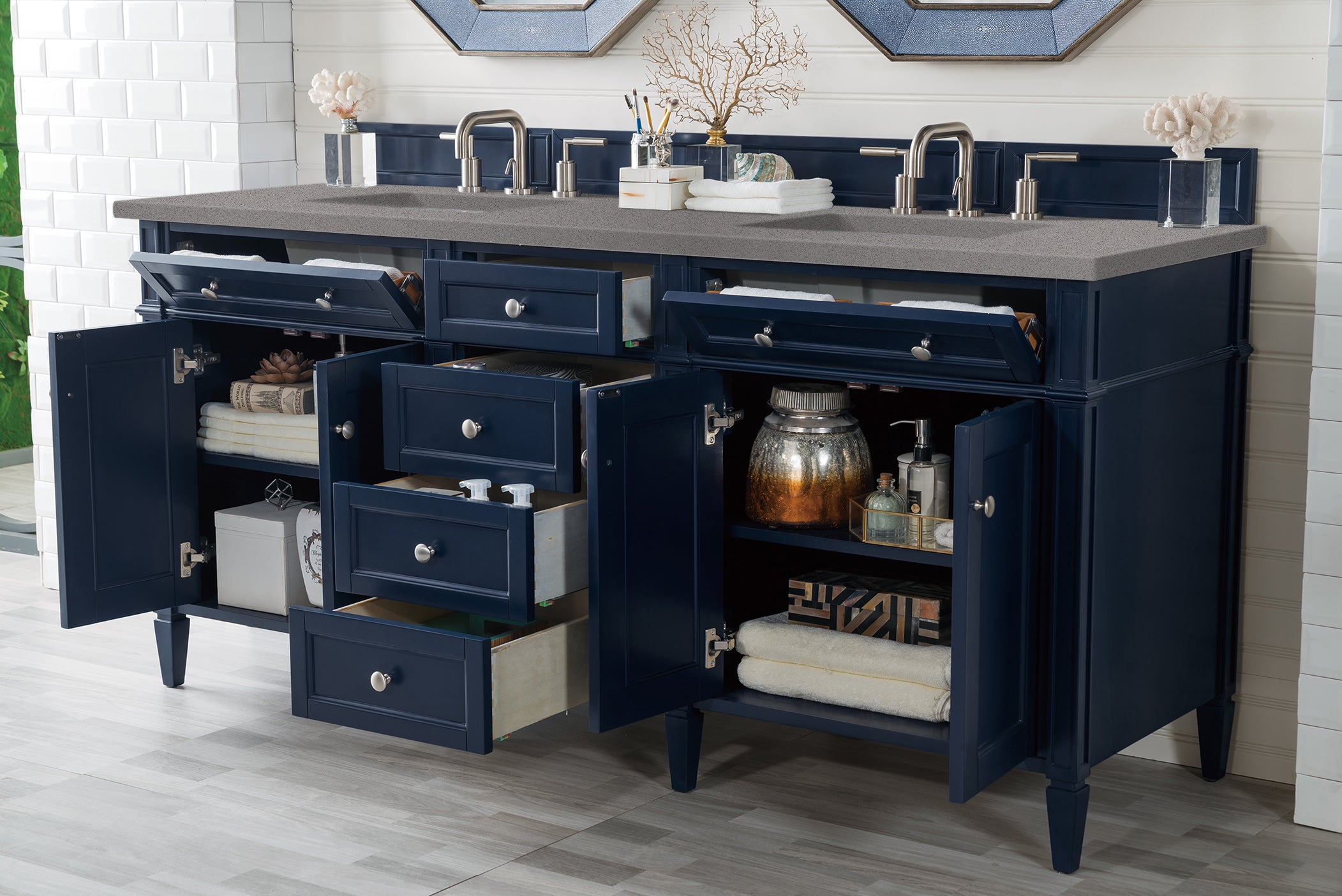 Brittany 72-Inch Victory Blue Double Vanity with 3CM Grey Expo Quartz Countertop - Perfect for Modern Bathroom Renovation & Luxury Master Suite Design