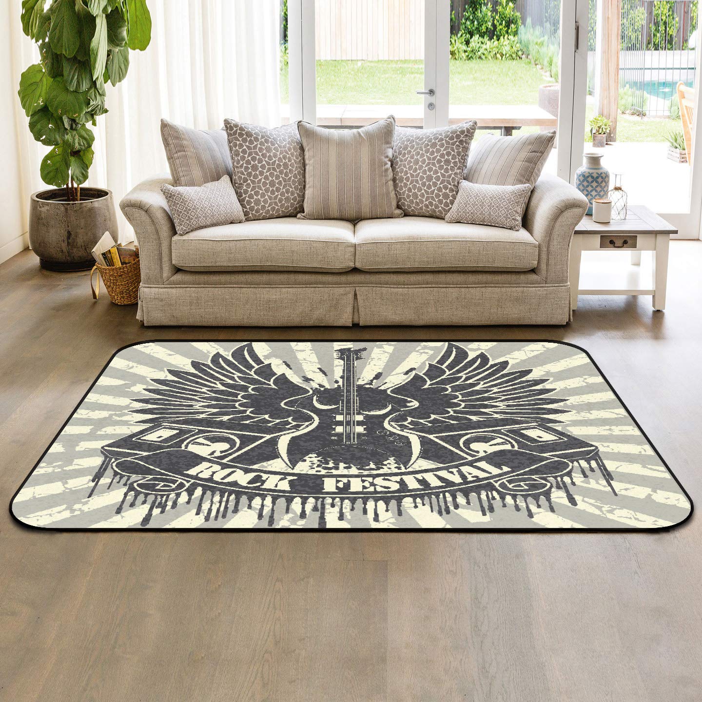 Modern 5' x 8' Large Area Rugs with Striped Design, Nursery & Kids Room Carpet, Rock and Roll Hipster Style Indoor/Outdoor Floor Cover for Living Room, Bedroom, Playroom, and Dorm Decor