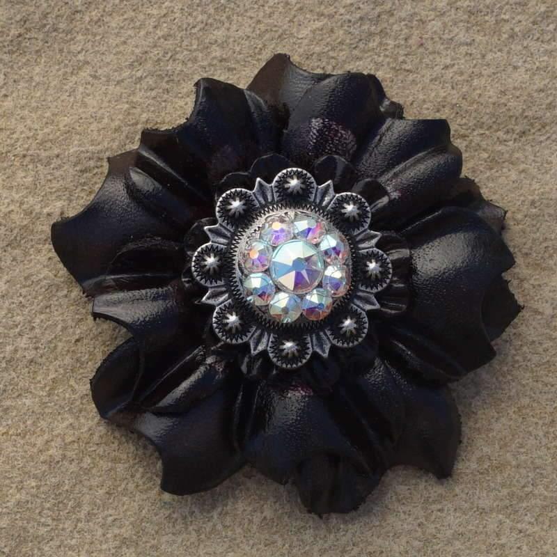 Antique Silver AB Concho with Black Carnation Flower - Elegant Western Jewelry for Cowboy Boots, Belts & Accessories