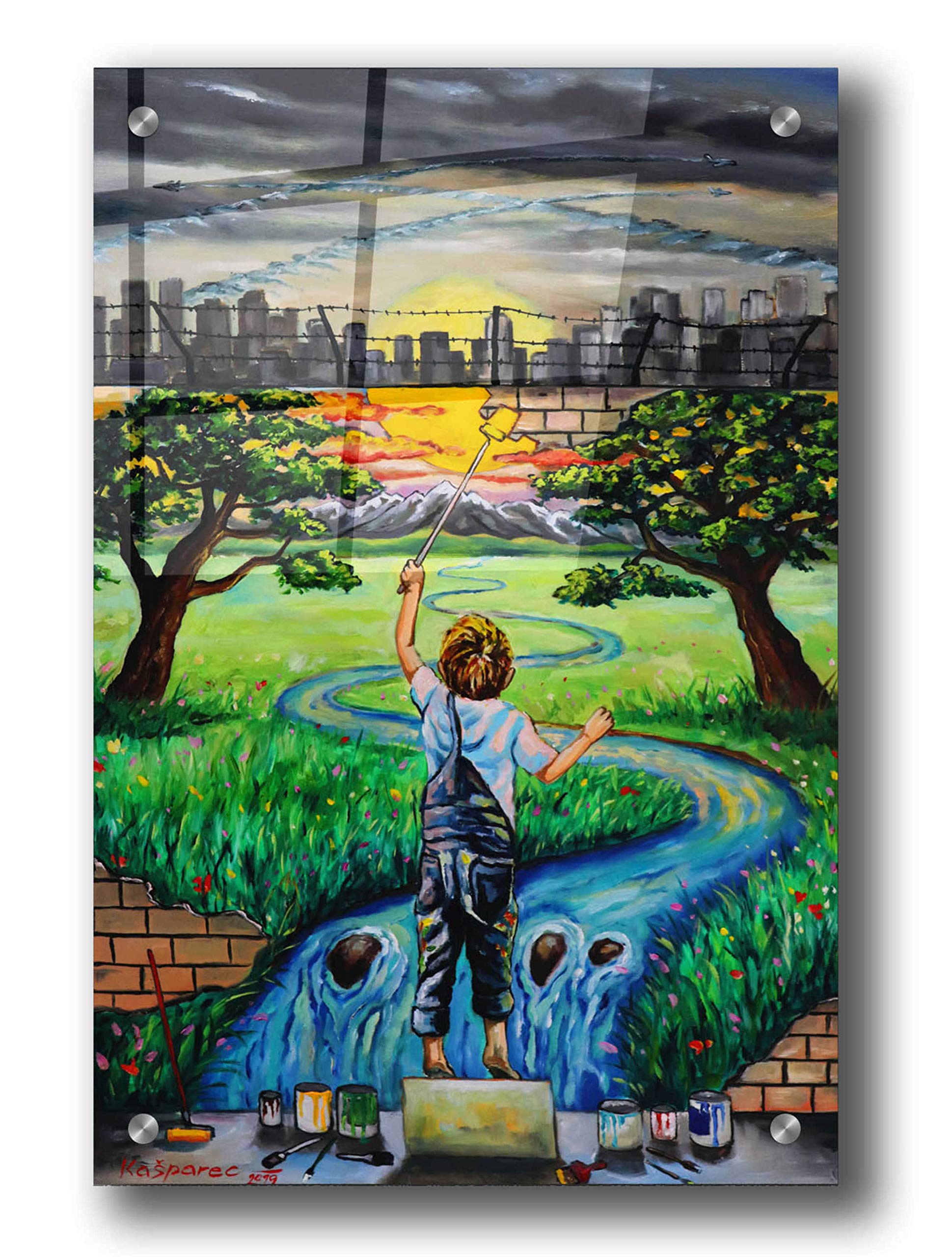 Epic Art 'Boy And The Wall' by Jan Kasparec - 24x36 Inch Acrylic Glass Wall Painting - Modern Home & Office Decor - Perfect for Living Room, Bedroom or Gallery Display