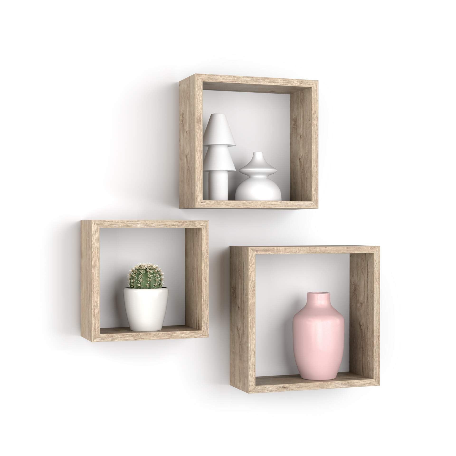 3-Piece Square Cube Shelves Set - Giuditta Oak Melamine Wall Mount Shelves for Kitchen, Living Room & Bedroom | Italian Modern Furniture for Home Storage & Decor