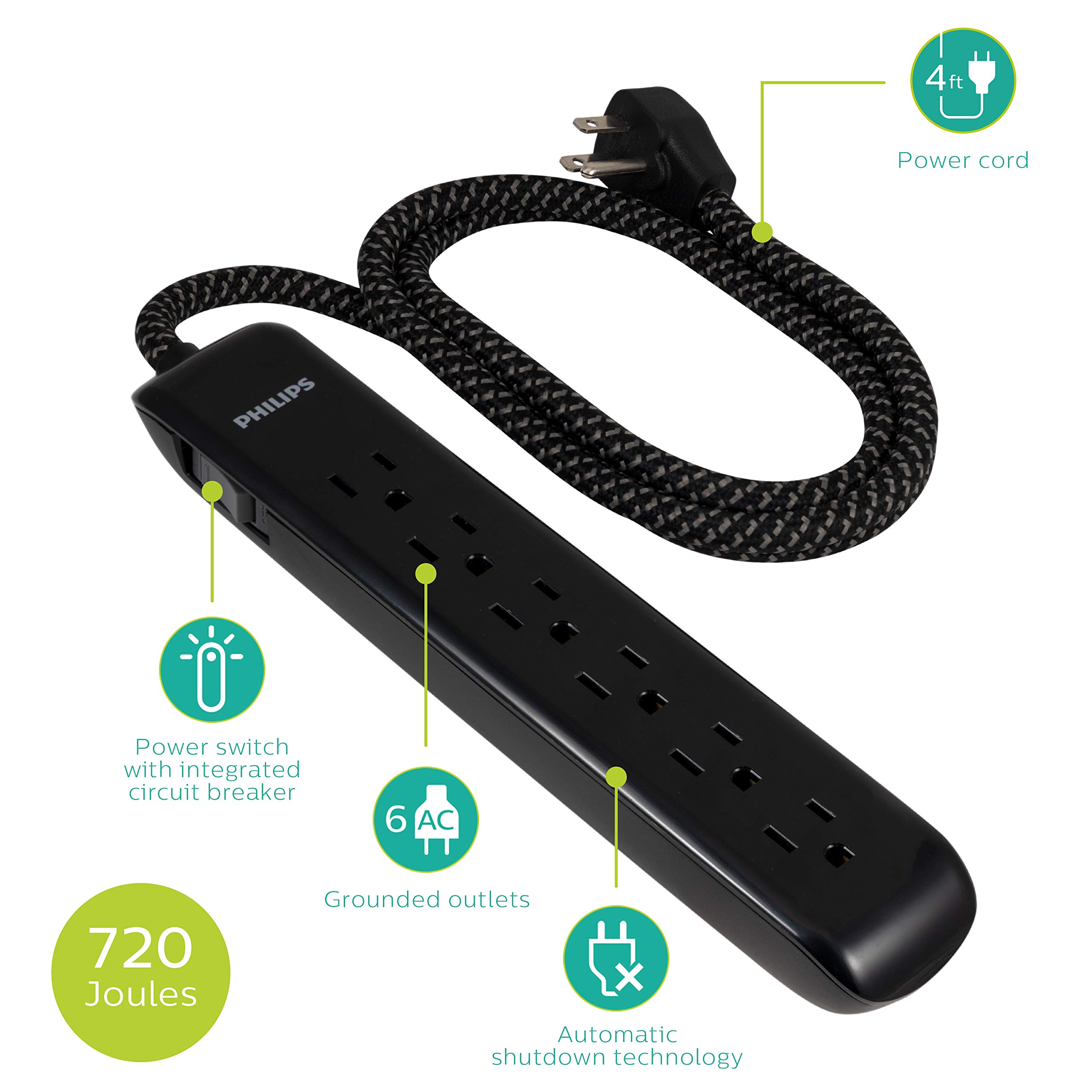 Philips 6-Outlet Surge Protector Power Strip with 4FT Braided Cord - 720 Joules Protection, Flat Plug, ETL Certified - Ideal for Home Office, Bedroom & Living Room Electronics Protection