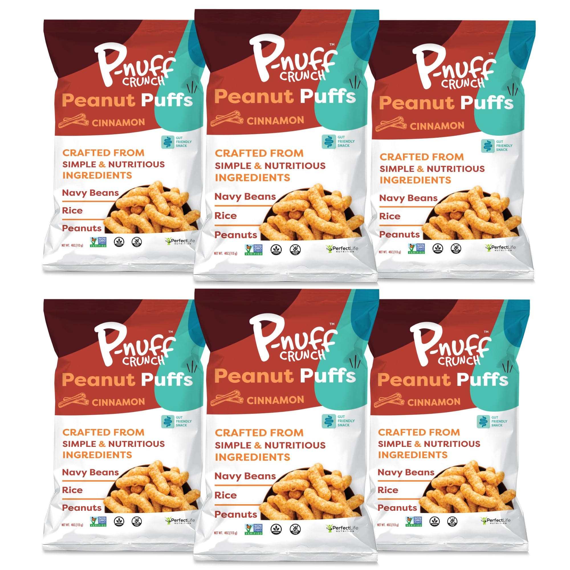 Pnuff Crunch Peanut Butter Puffs - Healthy Low Calorie Gluten Free Vegan Keto Snacks - High Protein Low Sugar Cinnamon Flavor - Perfect for Office, Gym & On-the-Go Snacking - 4 Oz Bags (Pack of 6) - As Seen on Shark Tank