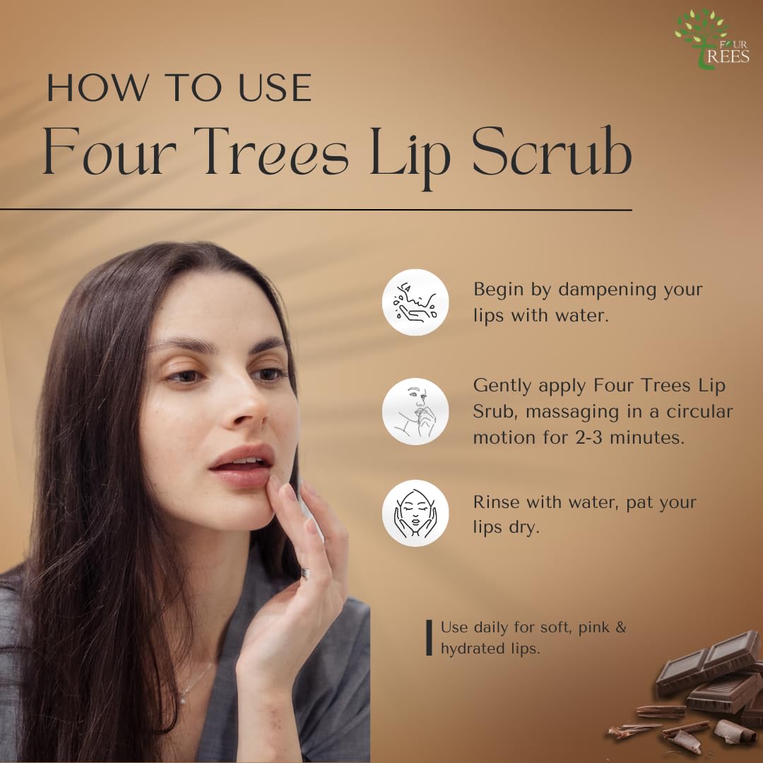 Four Trees Chocolate & Mint Lip Scrub - Natural Exfoliator for Dark Lips to Pink | Moisturizing & Softening Lip Care for Men & Women | Perfect for Dry, Chapped Lips & Pre-Makeup Prep