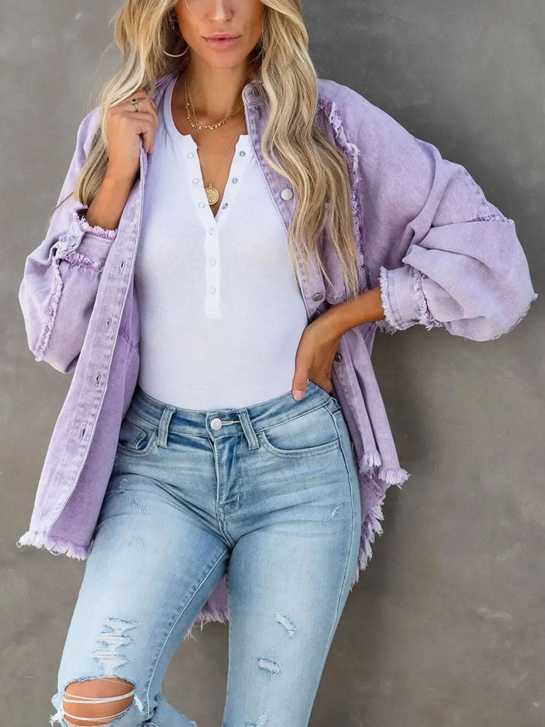 Stylish Button Down Raw Hem Denim Jacket for Women & Men | Distressed Denim Jacket with Raw Edge Details | Perfect for Casual Outfits, Streetwear & Layering