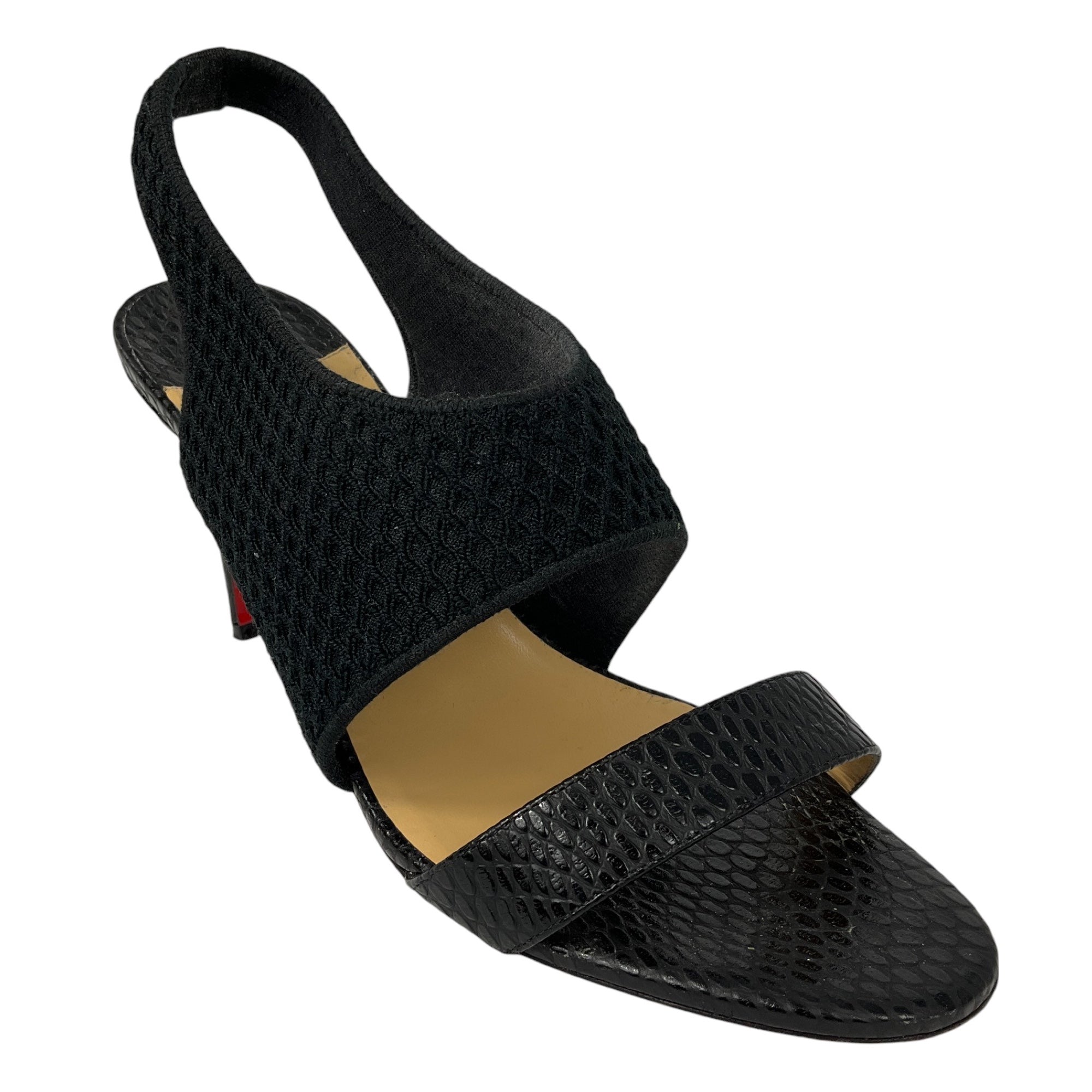 Christian Louboutin Black Embossed Leather & Knit Slingback Sandals for Women - Luxury High Heel Open Toe Shoes for Parties, Weddings & Evening Events