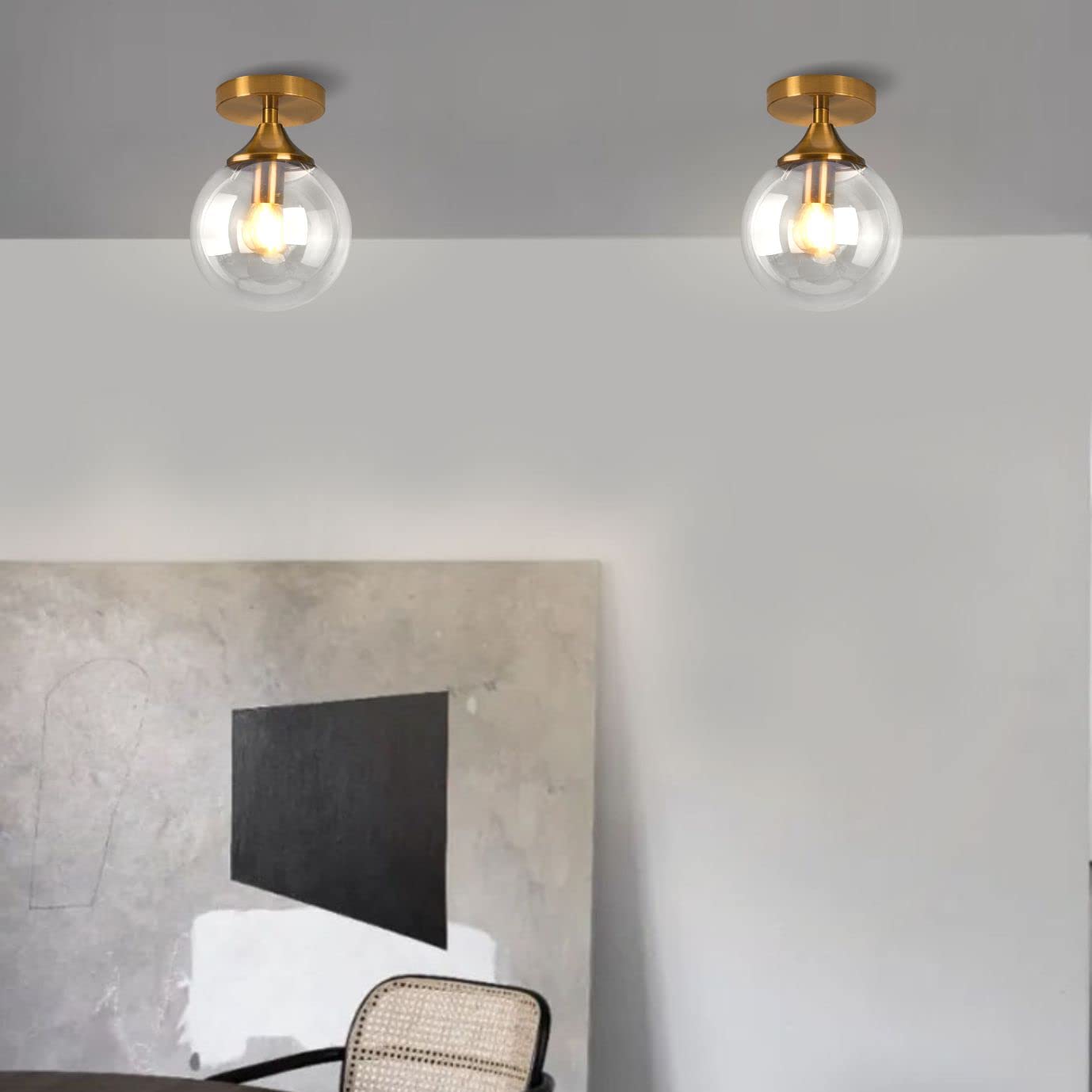 KCO Lighting Brushed Gold Flush Mount Ceiling Light - Small Hallway & Bathroom Fixture with Bubble Glass Globe - Mid Century Modern Design for Home, Apartment & Office Lighting