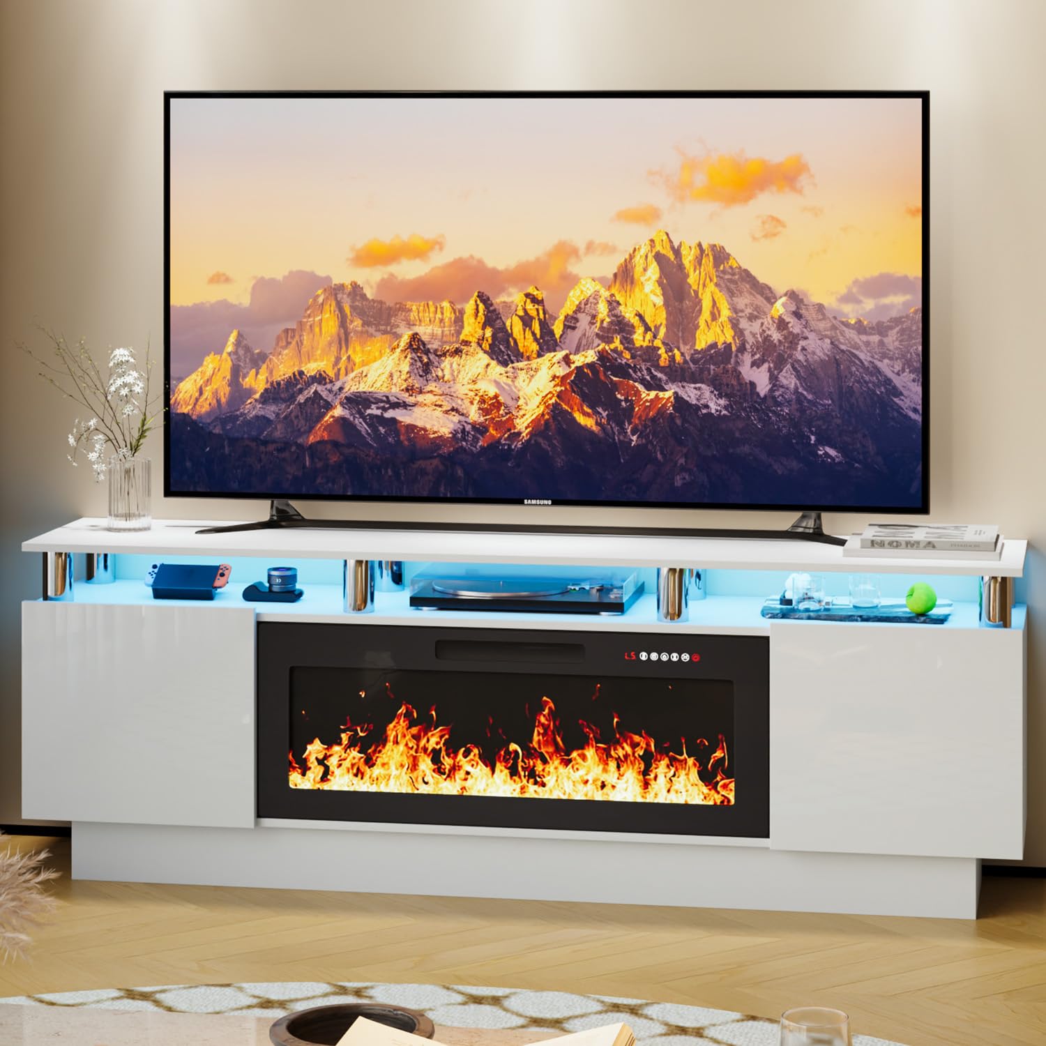 LEMBERI 70 Inch Modern TV Stand with Electric Fireplace - Entertainment Center for 80 Inch TVs, Wooden Media Console with 36