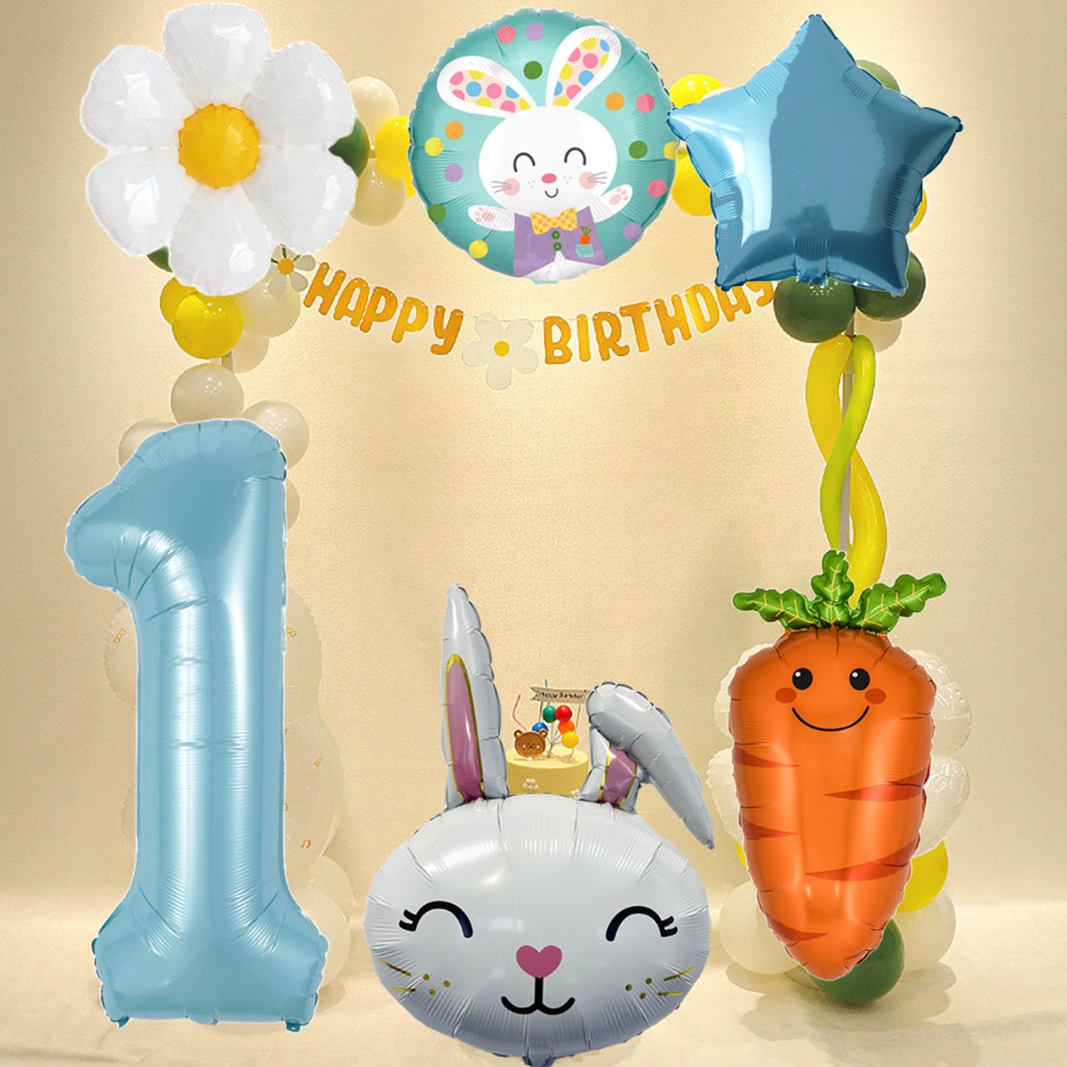 1st Birthday Bunny Balloons Set - 6Pcs Blue Rabbit Head, Carrot & Daisy Balloons for Girls Baby Shower Decorations, Birthday Party Supplies - Perfect for 1st Birthday Parties, Baby Showers & Spring Celebrations