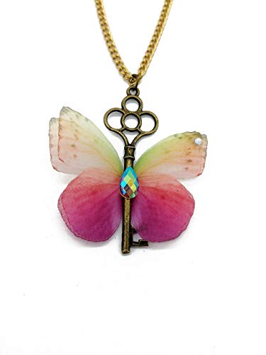 Antique Key & Pink Butterfly Necklace - Elegant Vintage Jewelry for Women | Perfect for Gifts, Parties & Everyday Wear