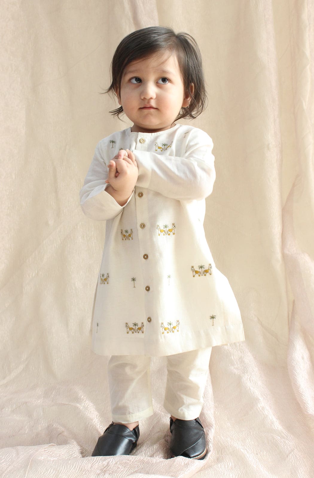 Pre Order: Baby Boy Horse Print Kurta Pyjama Set - Cream Cotton Ethnic Outfit for Festivals, Parties & Family Gatherings