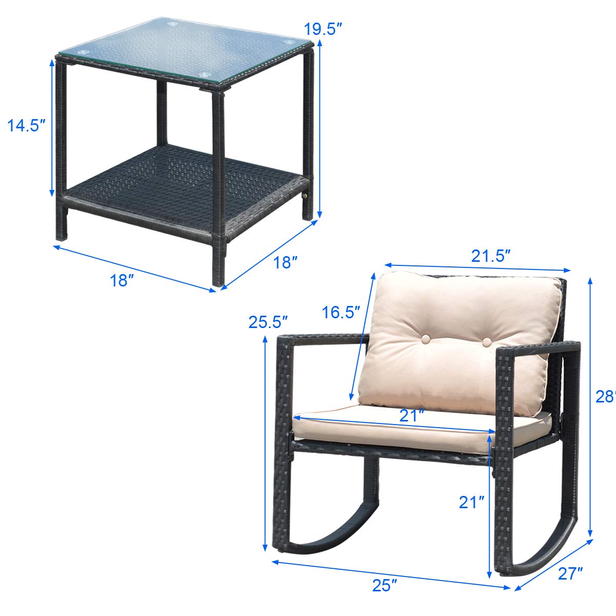 3-Piece Wicker Rocking Bistro Set with Tempered Glass Table - Outdoor Patio Furniture for Garden, Balcony & Backyard Relaxation