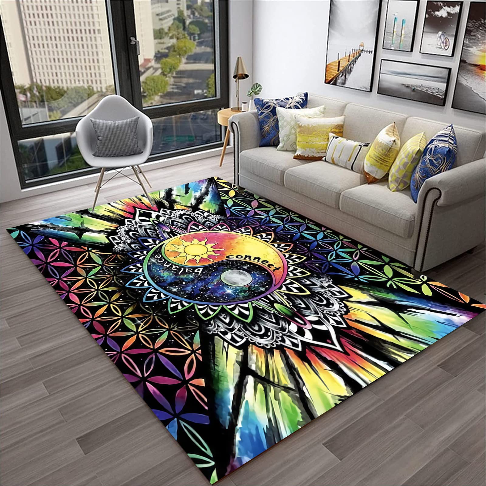 Trippy Sun and Moon Psychedelic Rug - Kaleidoscope Cosmic Energy Area Carpet for Living Room & Bedroom Decor - Perfect for Bohemian Style Homes, Meditation Spaces and Hippie Aesthetic Rooms