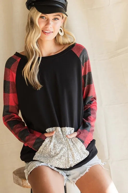 BiBi French Terry Top with Sequins Kangaroo Pocket - Stylish Women's Casual Pullover Sweatshirt for Everyday Wear, Lounge & Outings