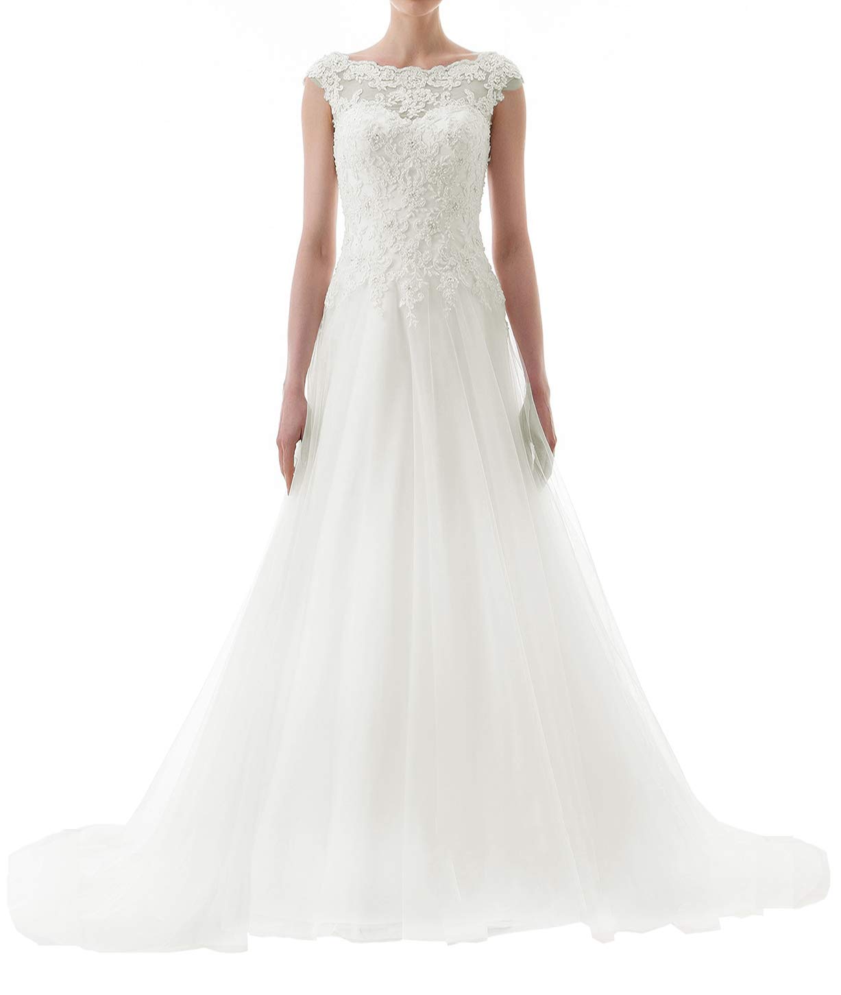Elegant Lace Wedding Dresses with Tulle Appliques - Long Bridal Gowns for Bride Formal Wear | Perfect for Church Ceremonies, Beach Weddings & Evening Receptions