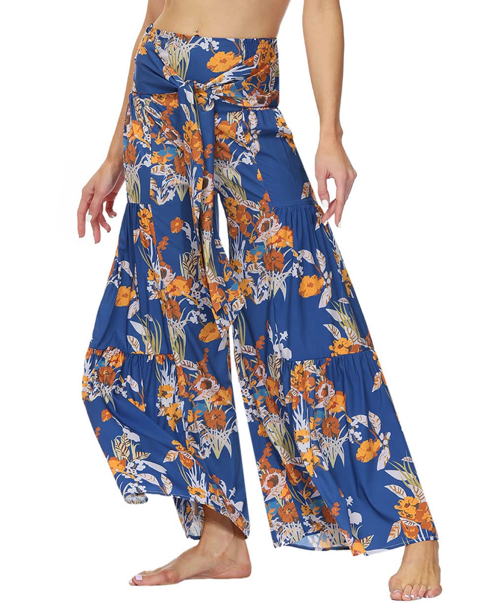 GGUHHU Women's High Waist Wide Leg Beach Pants - Floral Print Pleated Palazzo Pants with Adjustable Belt | Perfect for Vacation, Summer Outfits & Boho Style