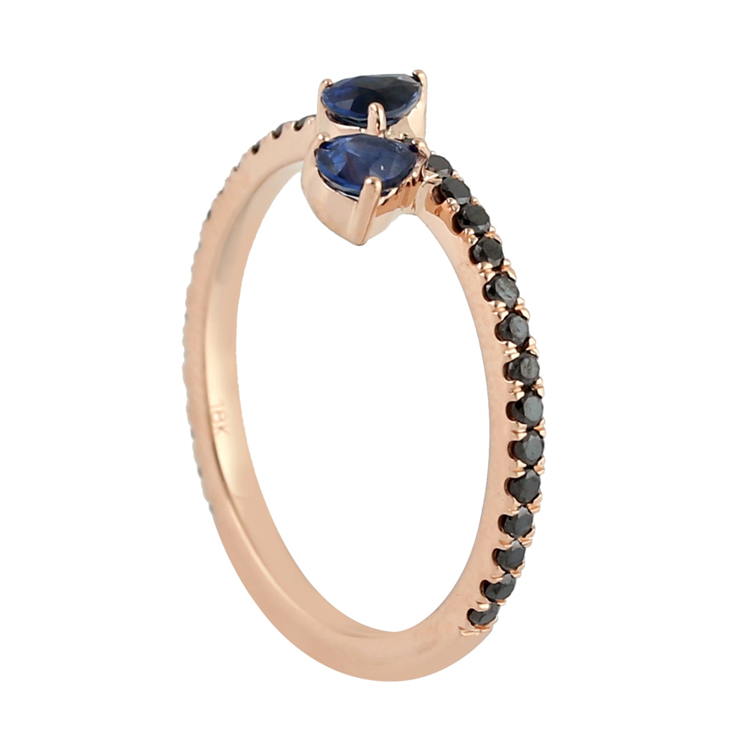 18K Rose Gold Prong Pear Blue Sapphire Pave Black Diamond Band Ring for Women - Elegant Wedding, Engagement & Anniversary Jewelry Gift
