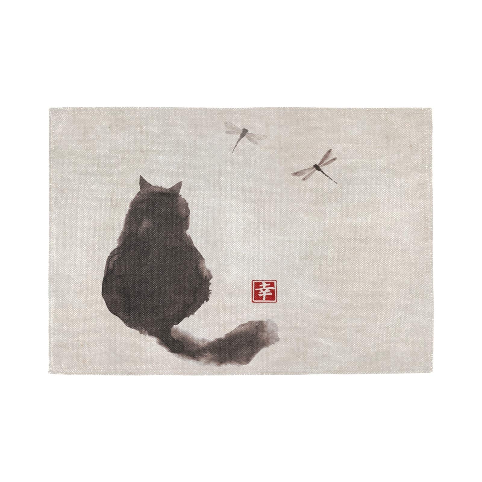 Retro Black Fluffy Cat & Dragonfly Placemats Set of 4 - Non-Slip Vinyl Table Mats 12x18 Inches for Dining Table, Kitchen Decor, Home Decoration - Perfect for Everyday Meals, Dinner Parties & Holiday Gatherings