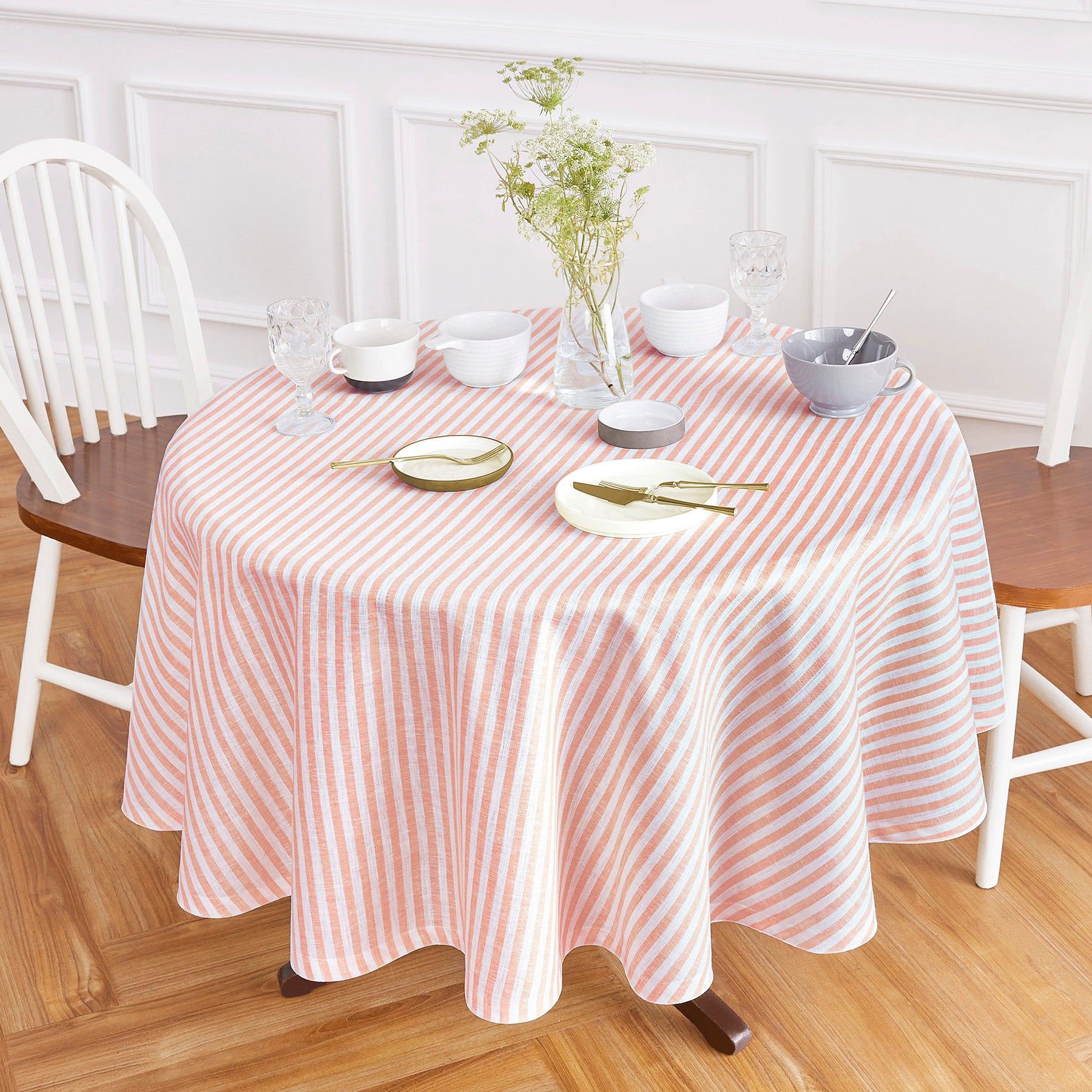 Amalfi Stripe Round Tablecloth - Waterproof & Stain-Resistant 60-Inch Dining Table Cover for Indoor/Outdoor Use - Perfect for Parties, Picnics, and Family Gatherings