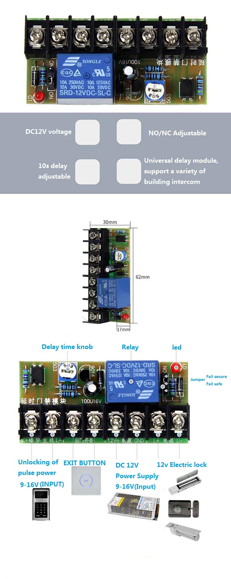 KingGo 12V NO NC Electric Lock Delay Relay Module - Secure Door Access Control System for Intercom, Gate & Security (Ideal for Home, Office & Commercial Buildings)