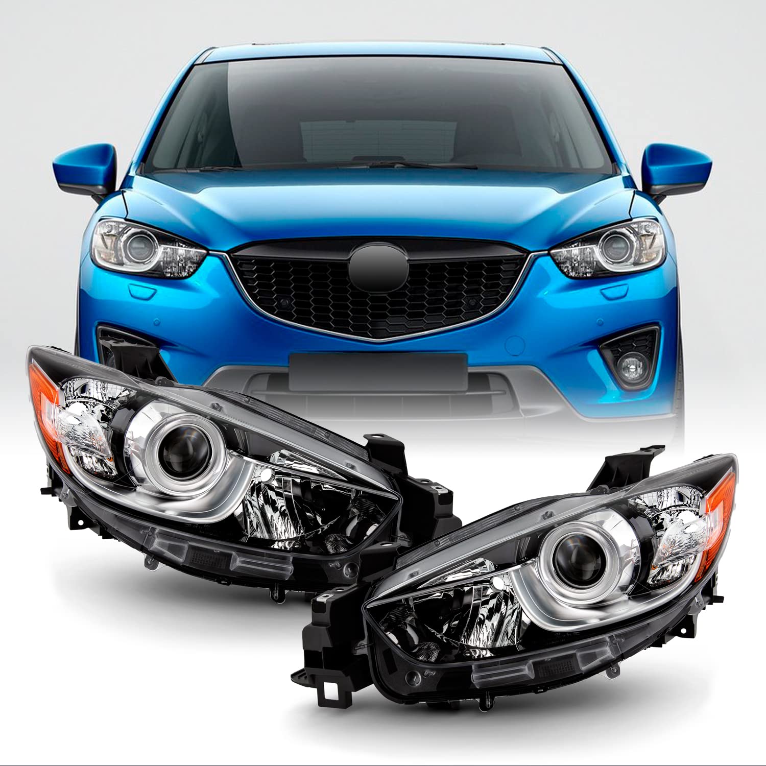 AKKON Chrome Clear Halogen Headlights for 2013-2016 Mazda CX-5 - Projector Style Left & Right Pair - Perfect for Night Driving & Enhanced Visibility